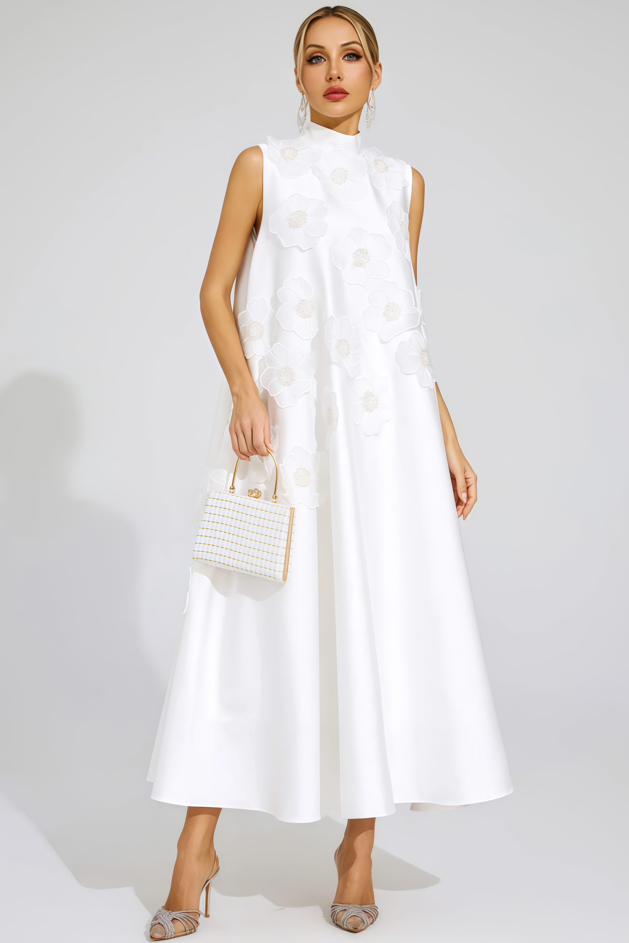 Jaxsty White Flowers Sleeveless Maxi Dress