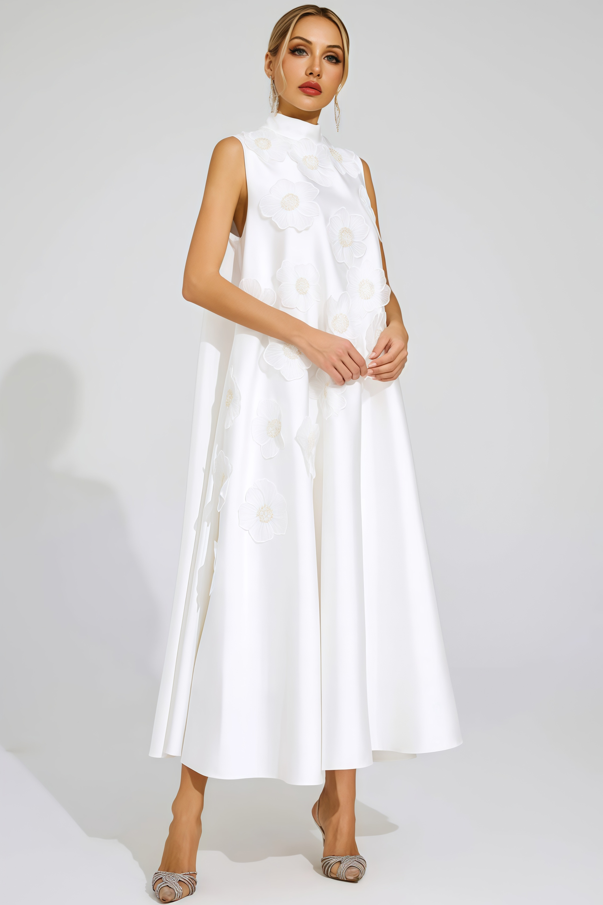 Jaxsty White Flowers Sleeveless Maxi Dress