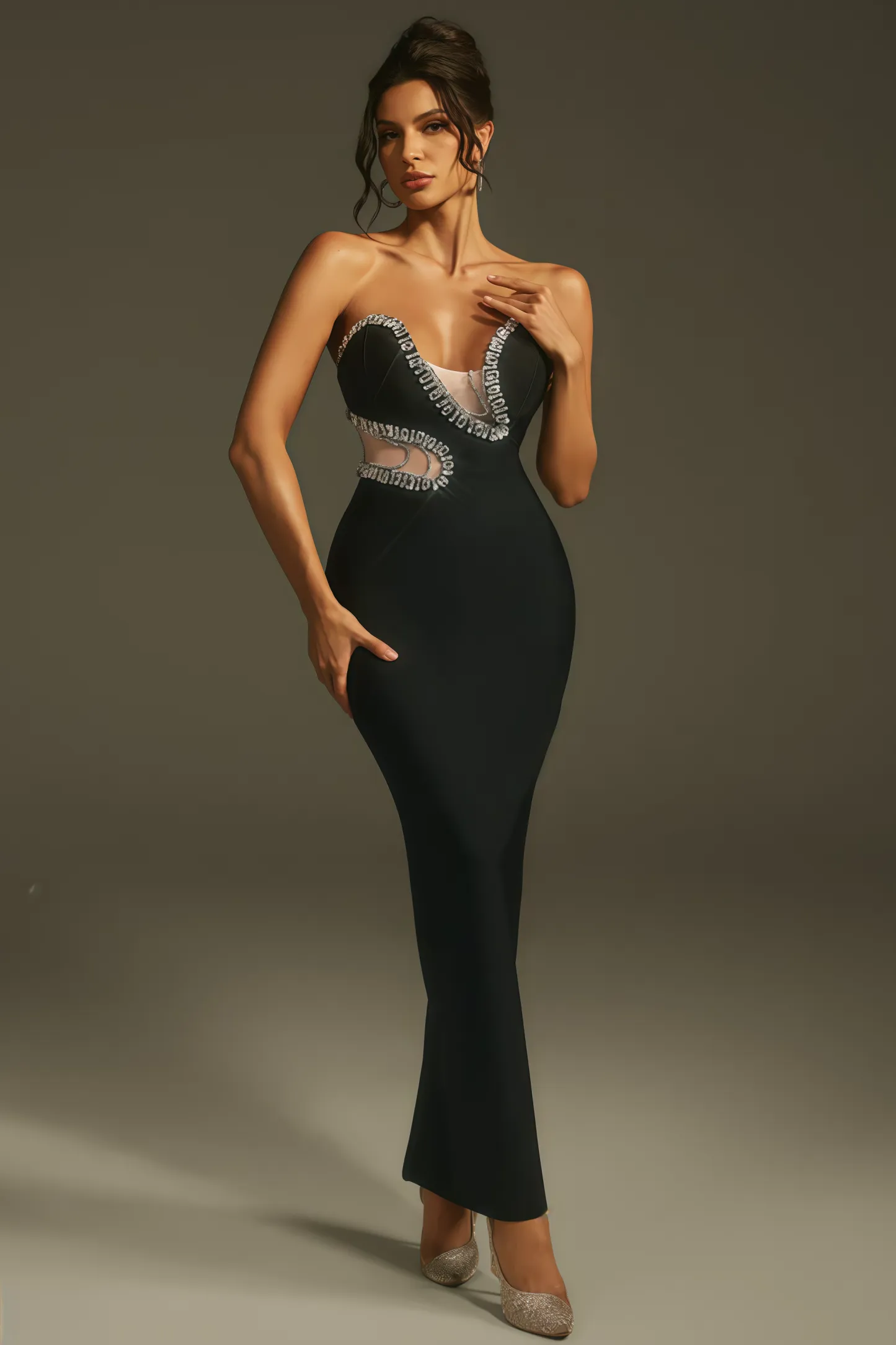 Zephil Strapless Crystal Bandage Maxi Dress