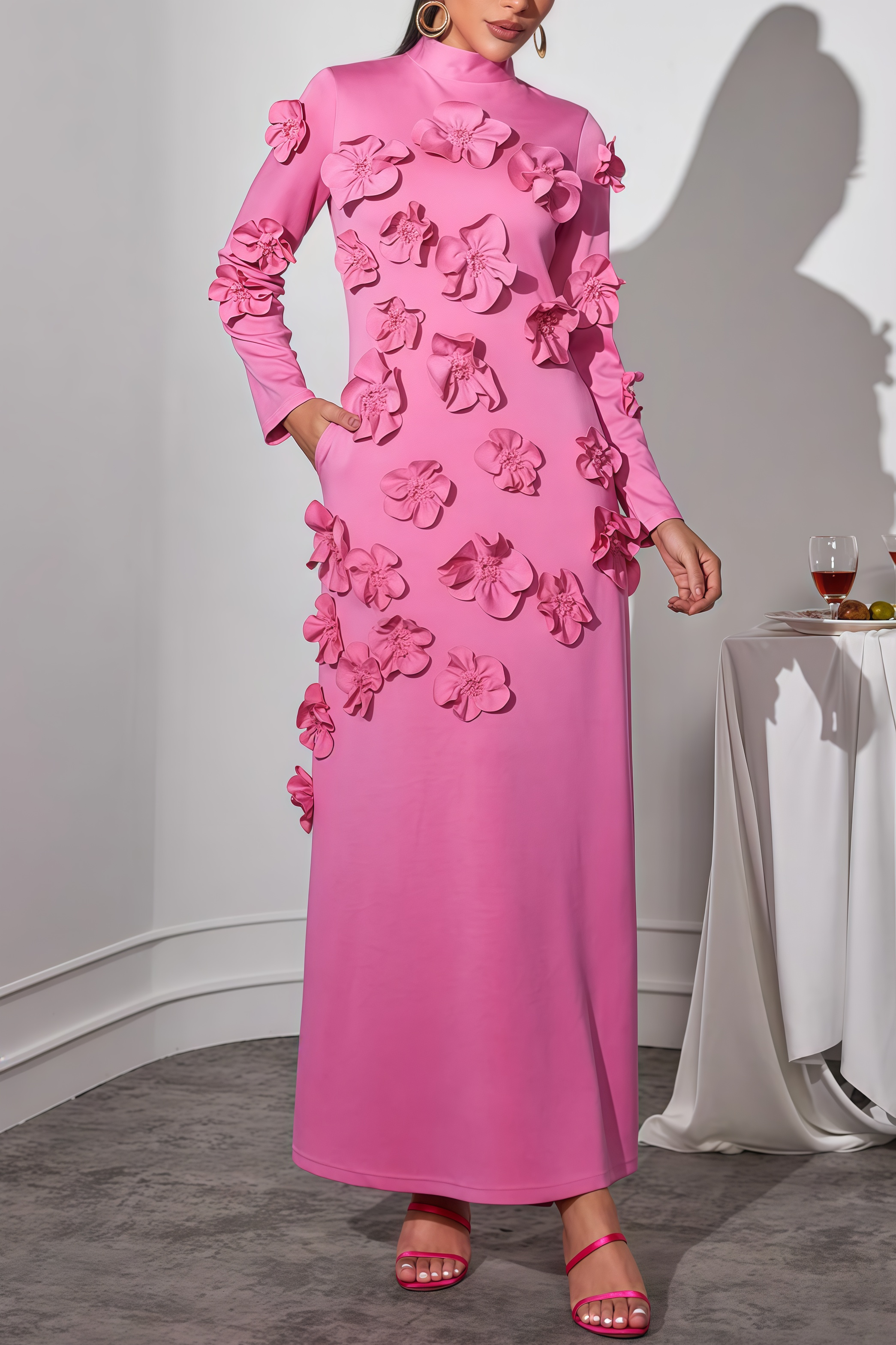 Halcyon Pink Flower Embellished Long Sleeves Maxi Dress