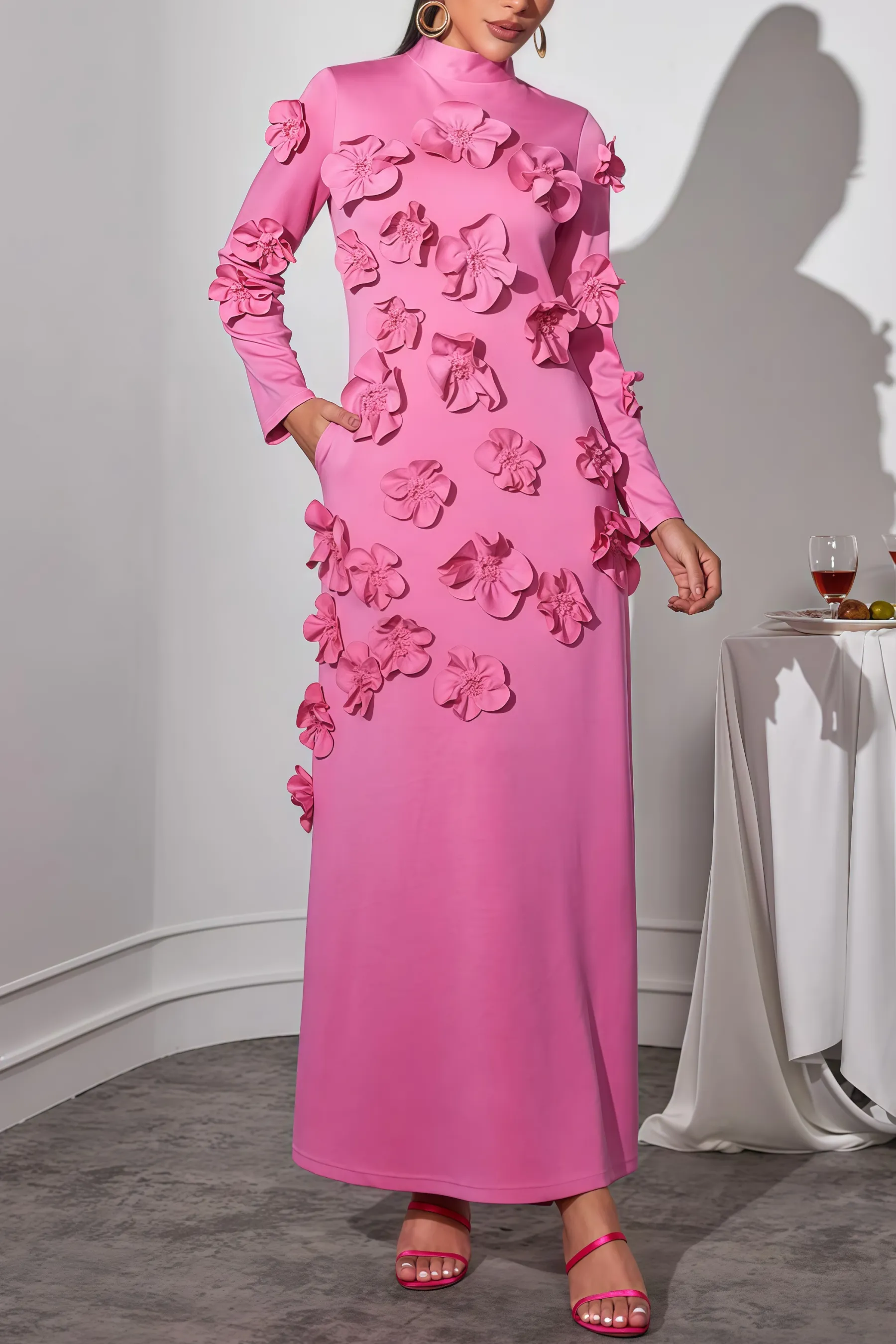 Halcyon Pink Flower Embellished Long Sleeves Maxi Dress