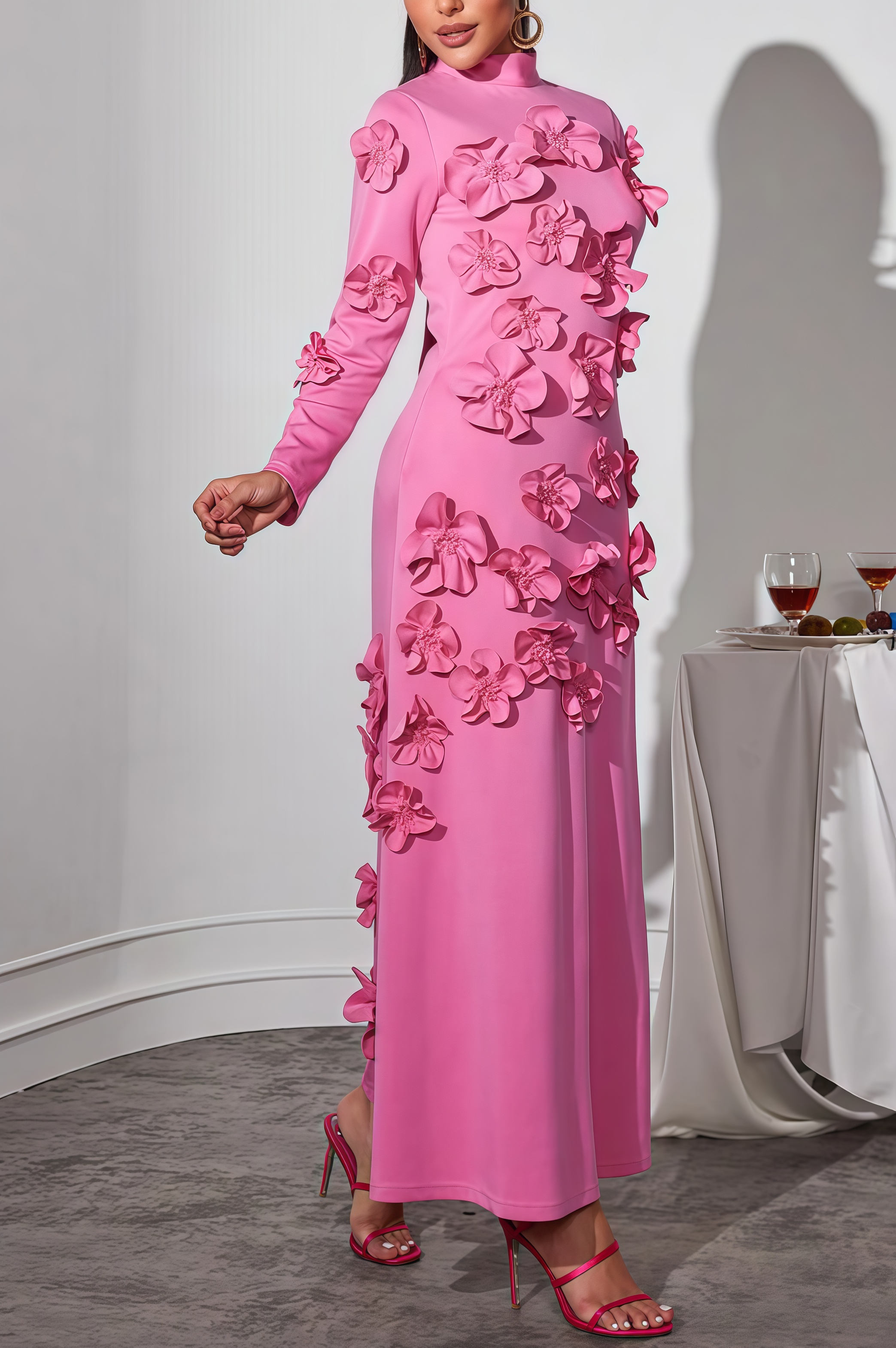 Halcyon Pink Flower Embellished Long Sleeves Maxi Dress