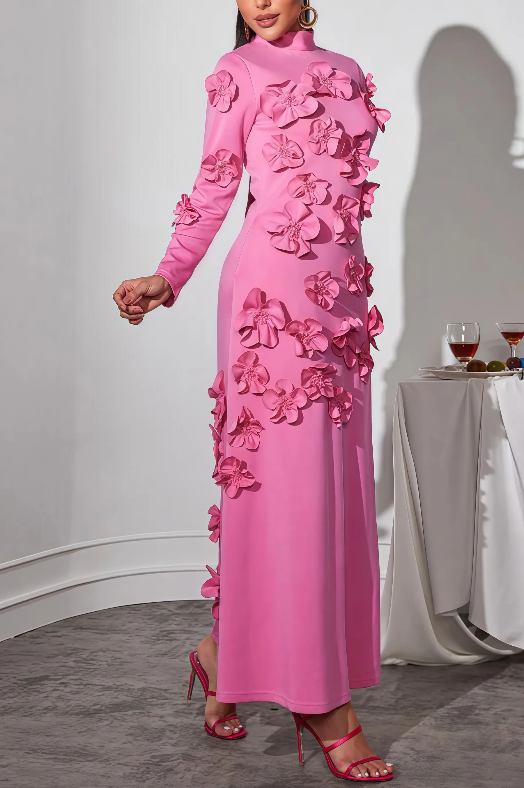 Halcyon Pink Flower Embellished Long Sleeves Maxi Dress