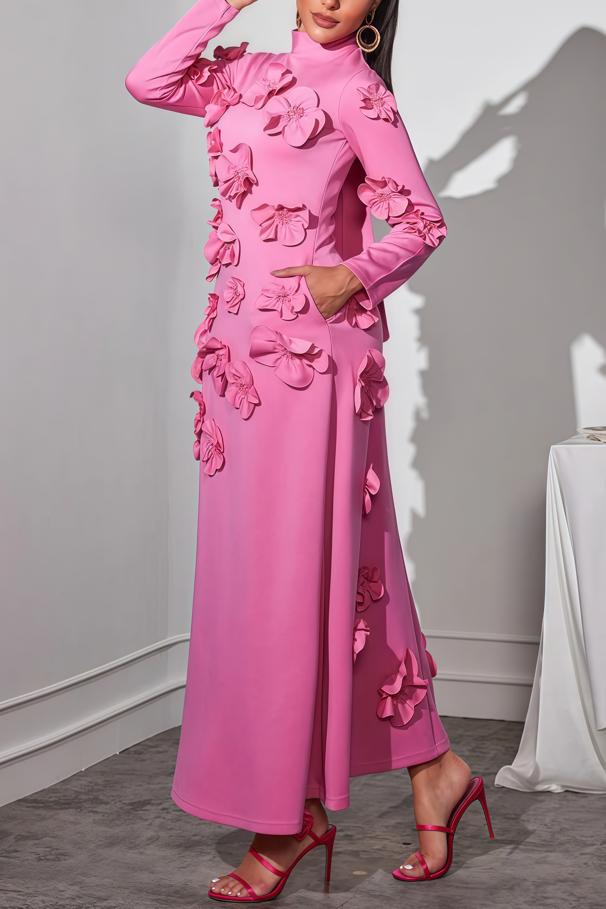 Halcyon Pink Flower Embellished Long Sleeves Maxi Dress