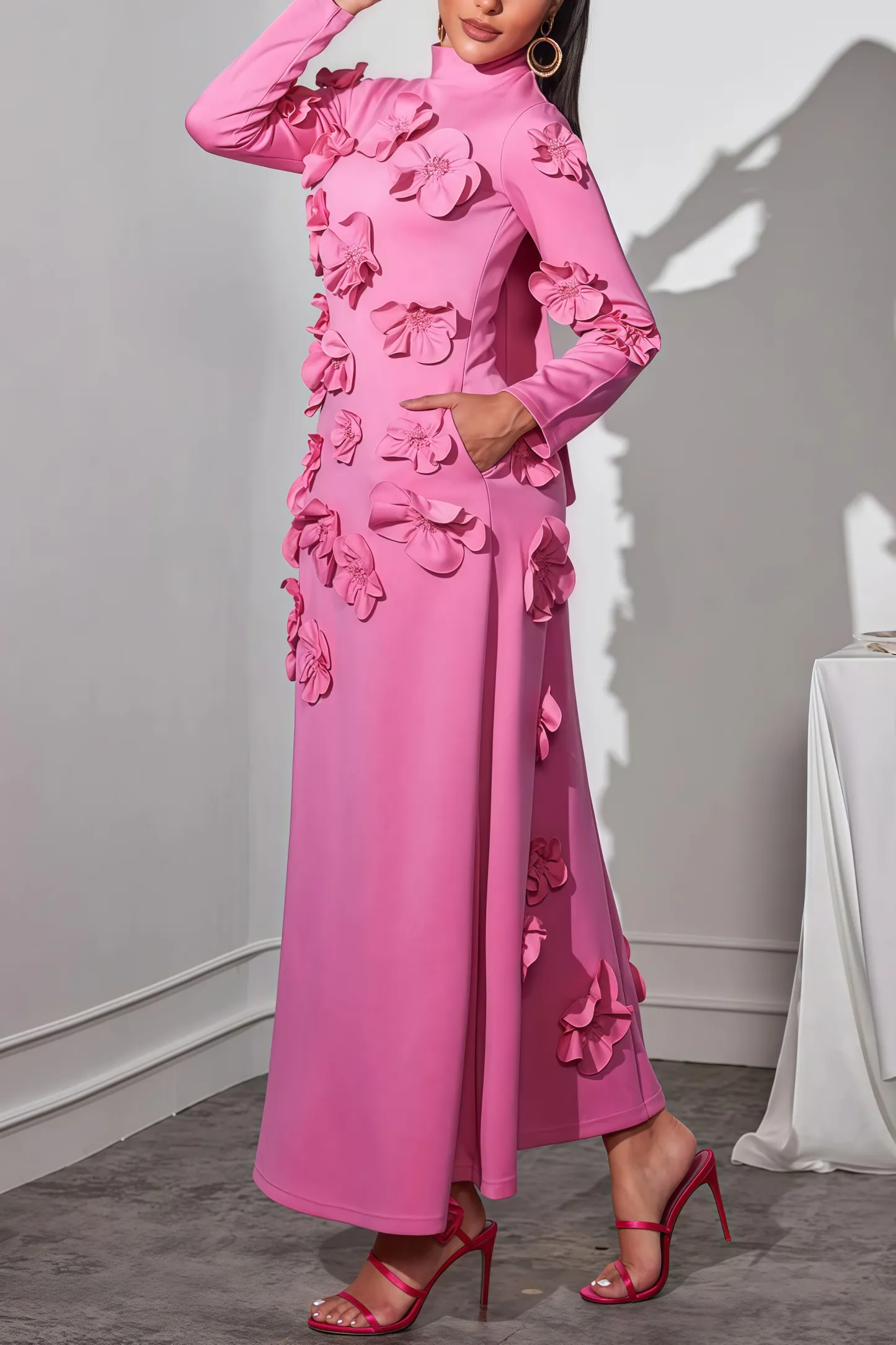Halcyon Pink Flower Embellished Long Sleeves Maxi Dress