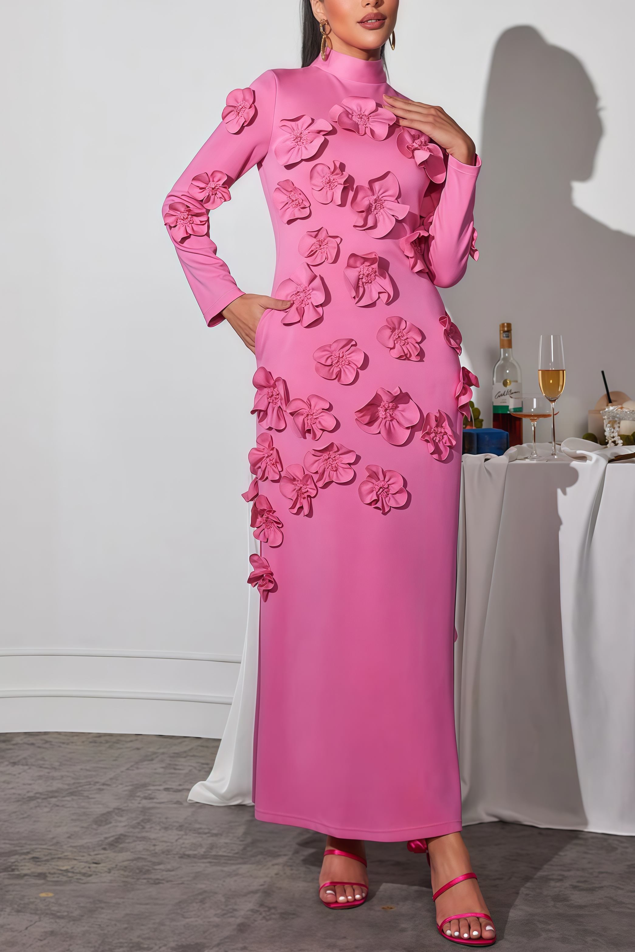 Halcyon Pink Flower Embellished Long Sleeves Maxi Dress