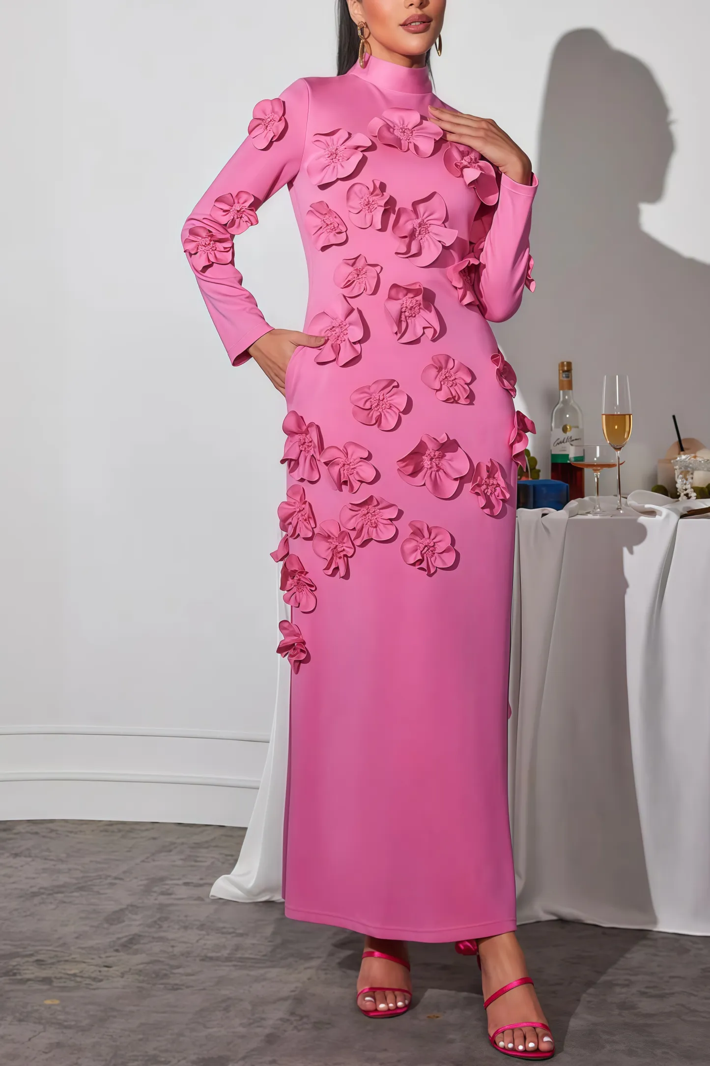 Halcyon Pink Flower Embellished Long Sleeves Maxi Dress