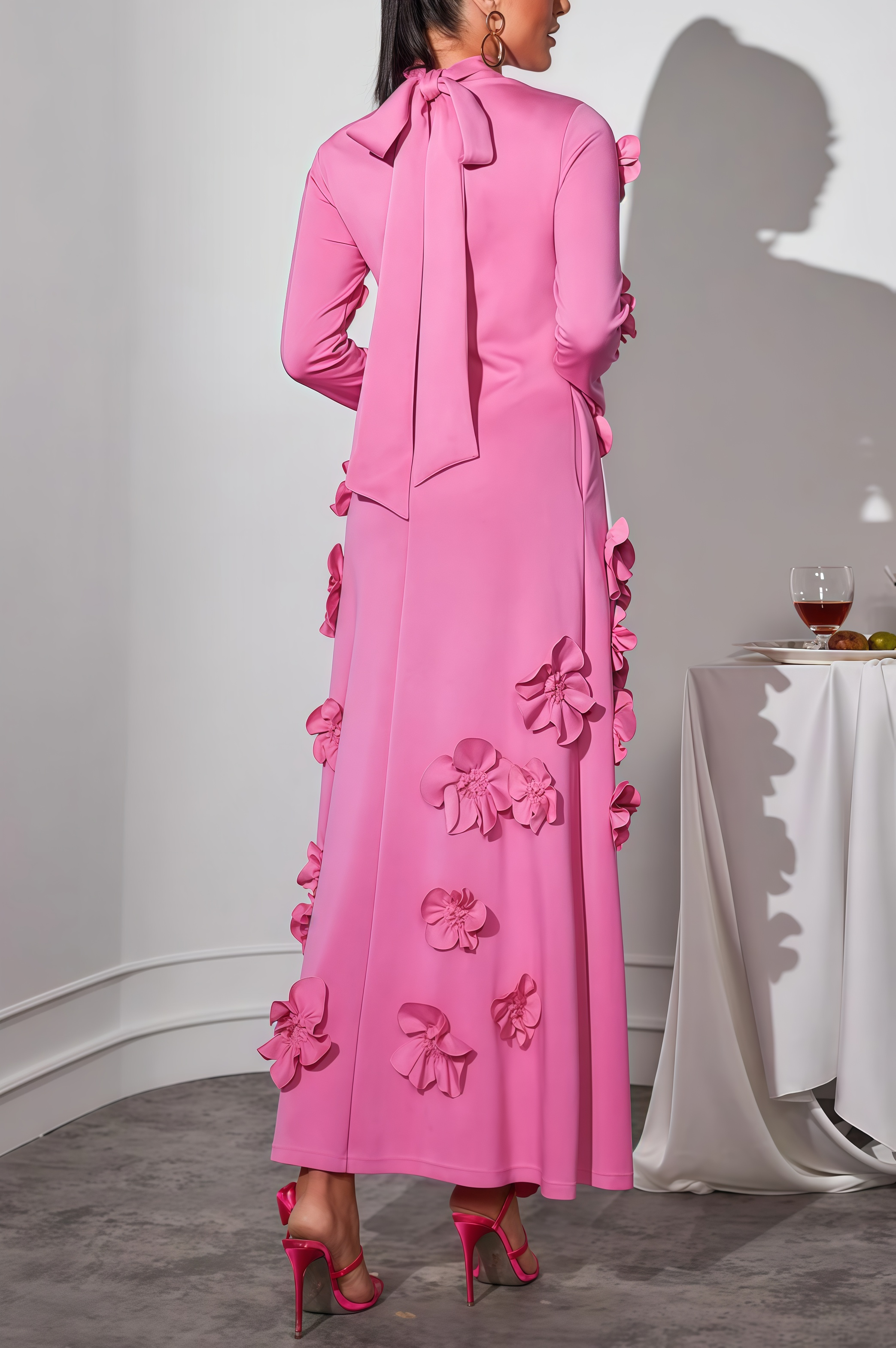 Halcyon Pink Flower Embellished Long Sleeves Maxi Dress