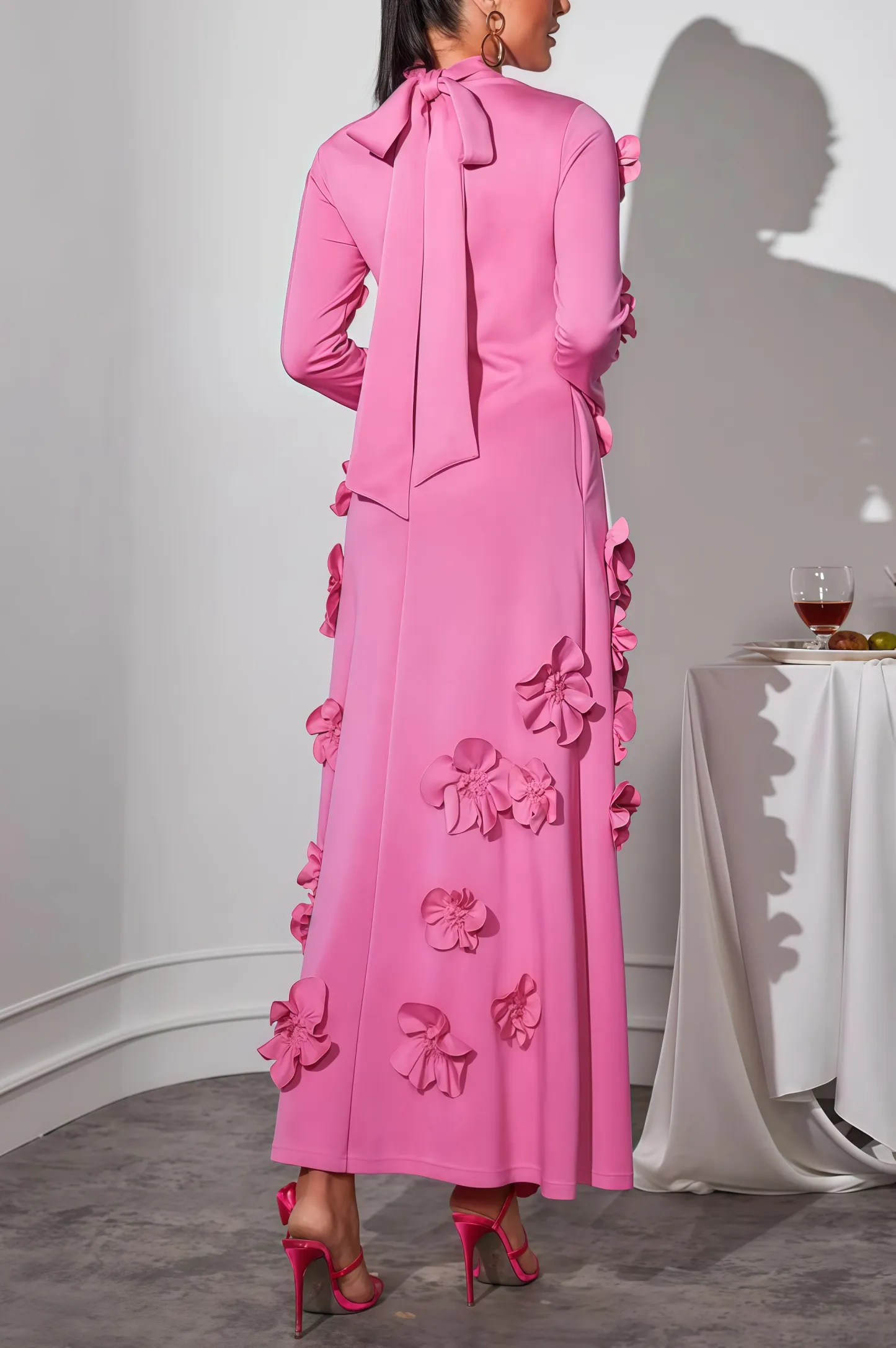 Halcyon Pink Flower Embellished Long Sleeves Maxi Dress