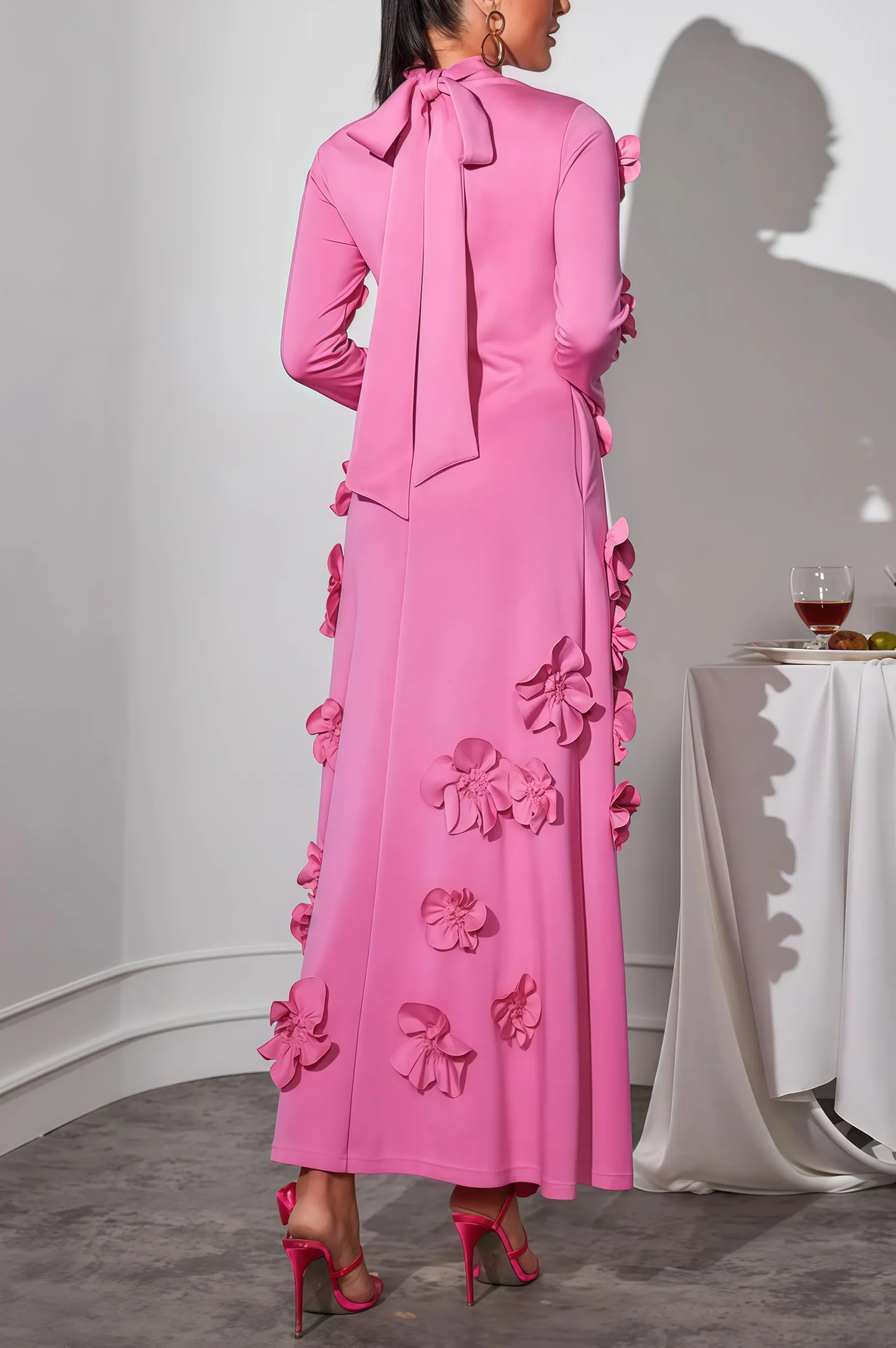 Halcyon Pink Flower Embellished Long Sleeves Maxi Dress
