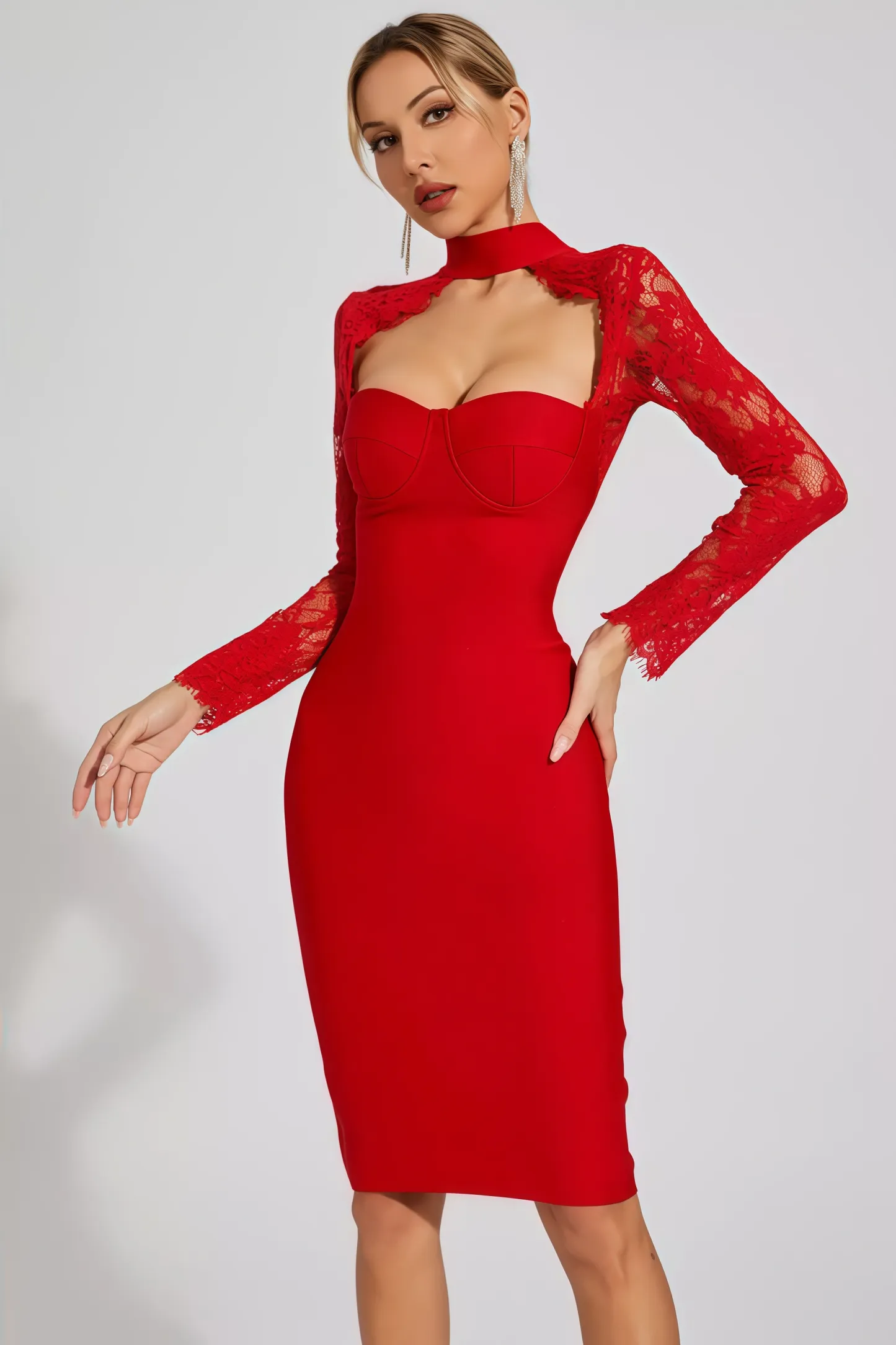Grece Red Lace Sleeve Bandage Dress