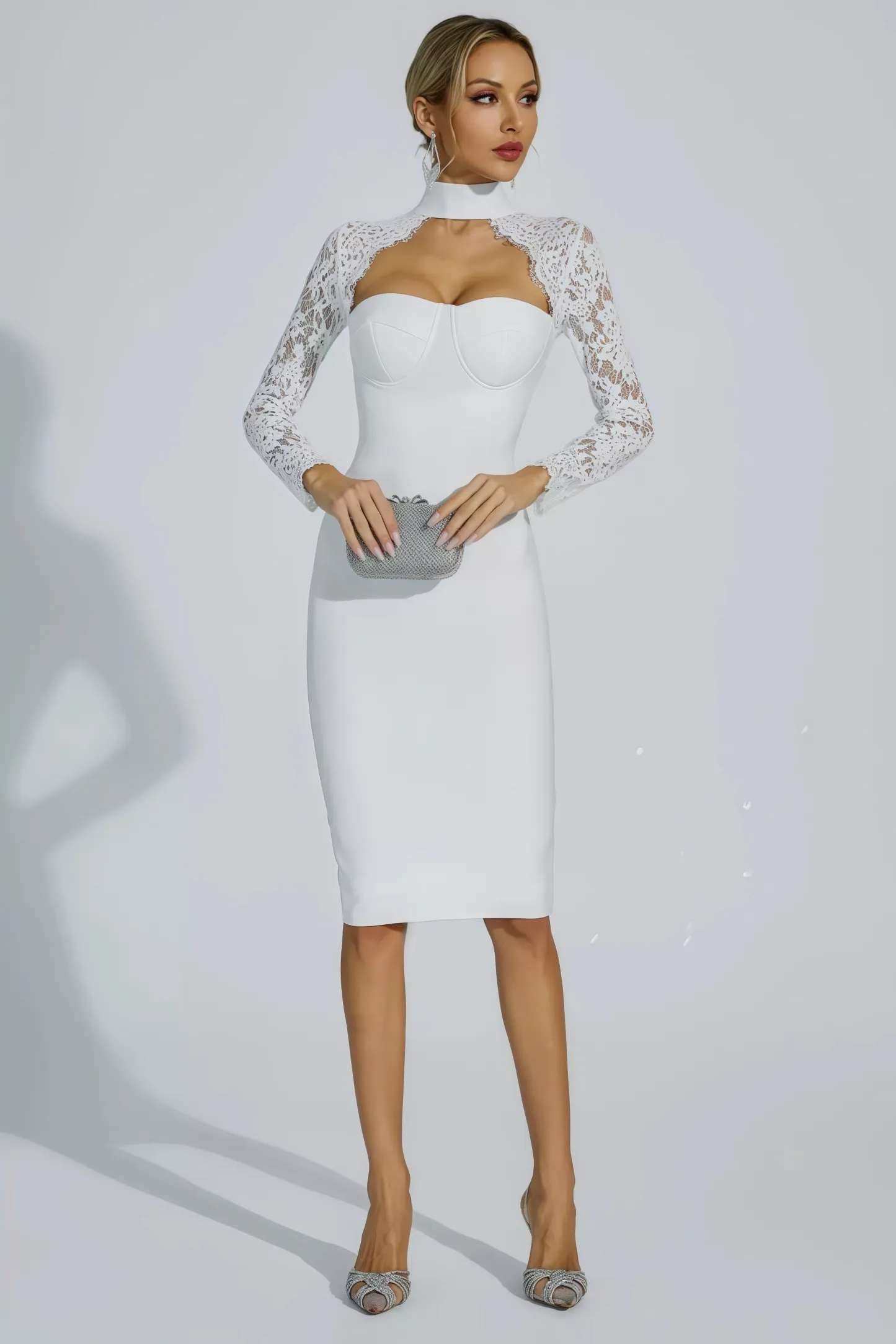 Beren White Lace Sleeve Bandage Dress