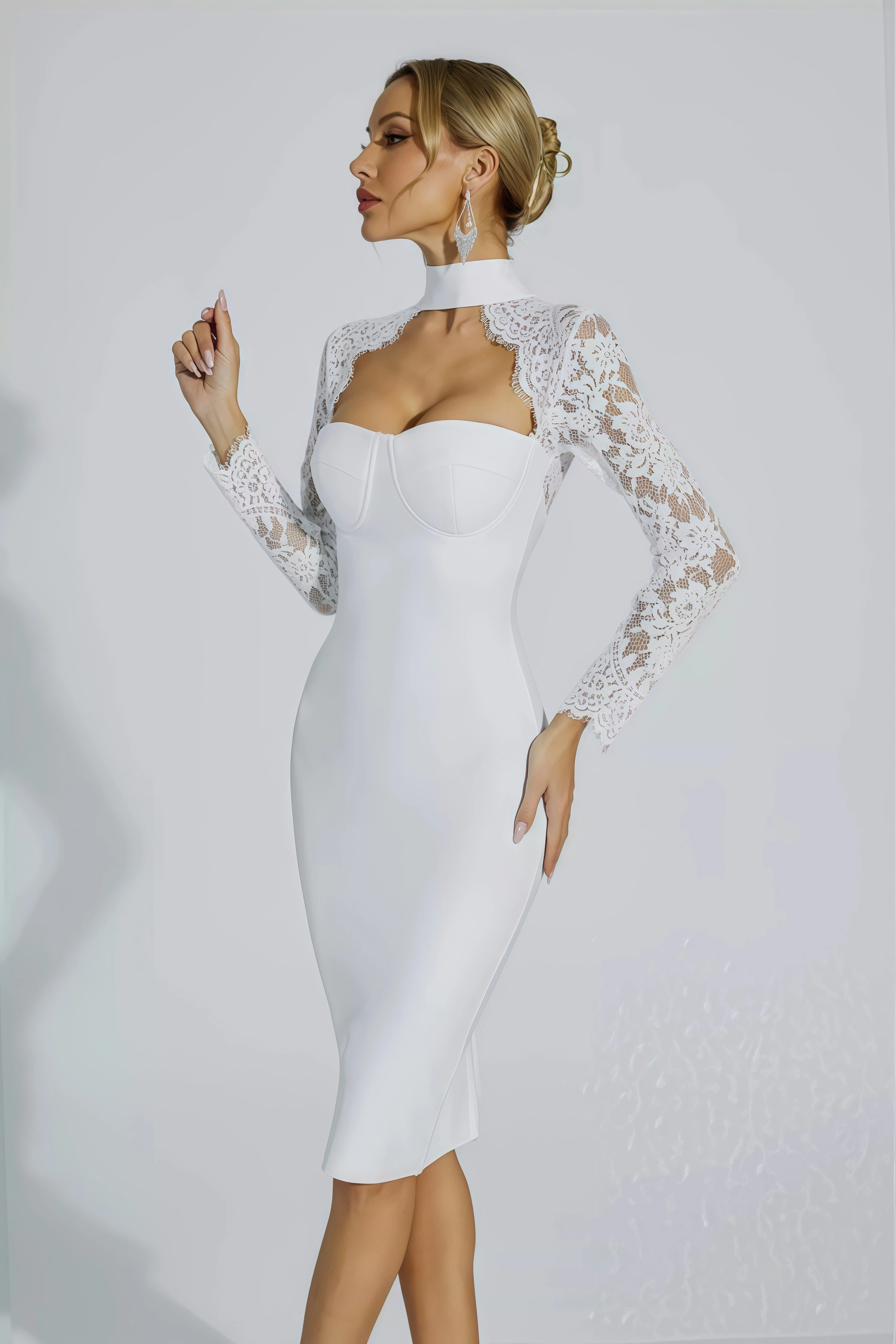 Beren White Lace Sleeve Bandage Dress