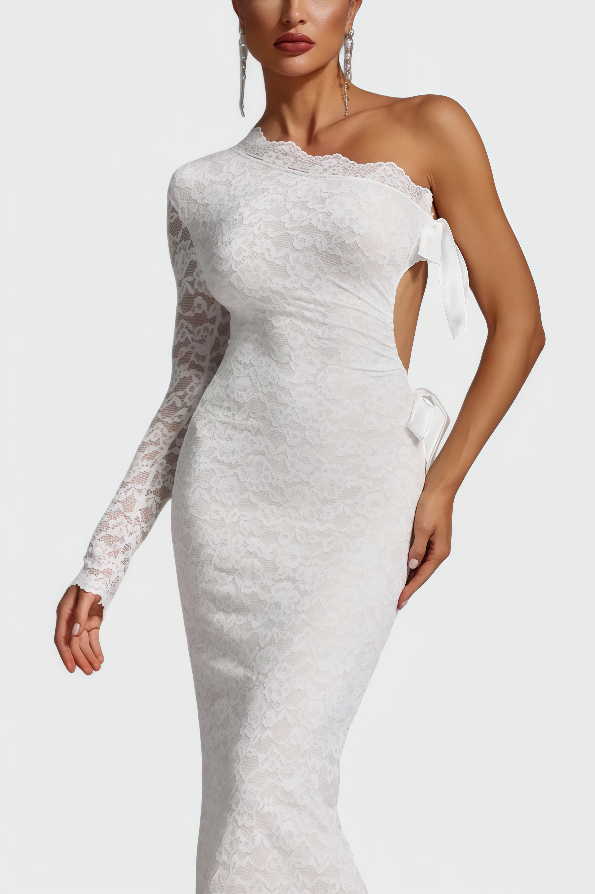Sylase One Shoulder White Lace Maxi Dress