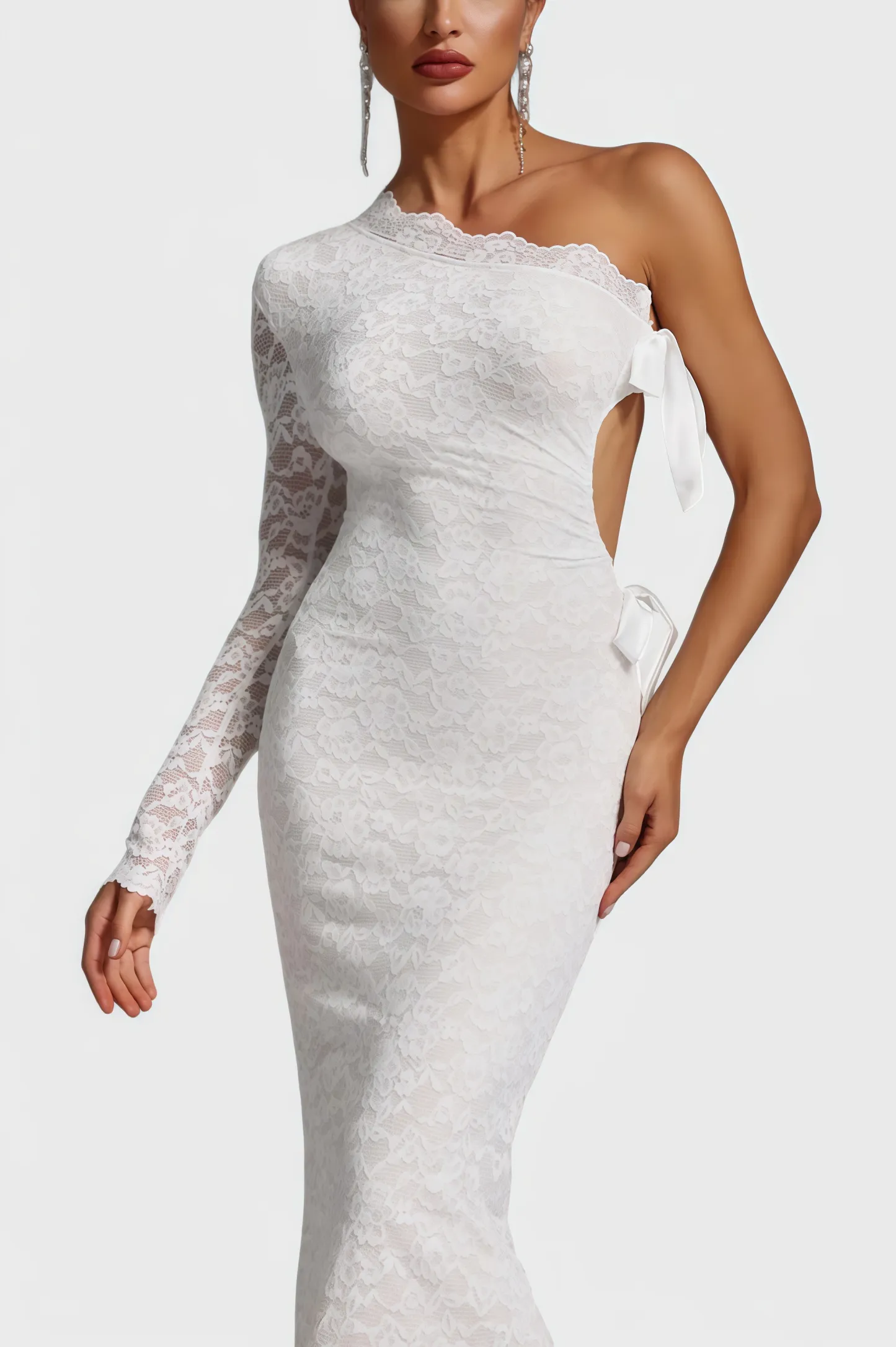 Sylase One Shoulder White Lace Maxi Dress