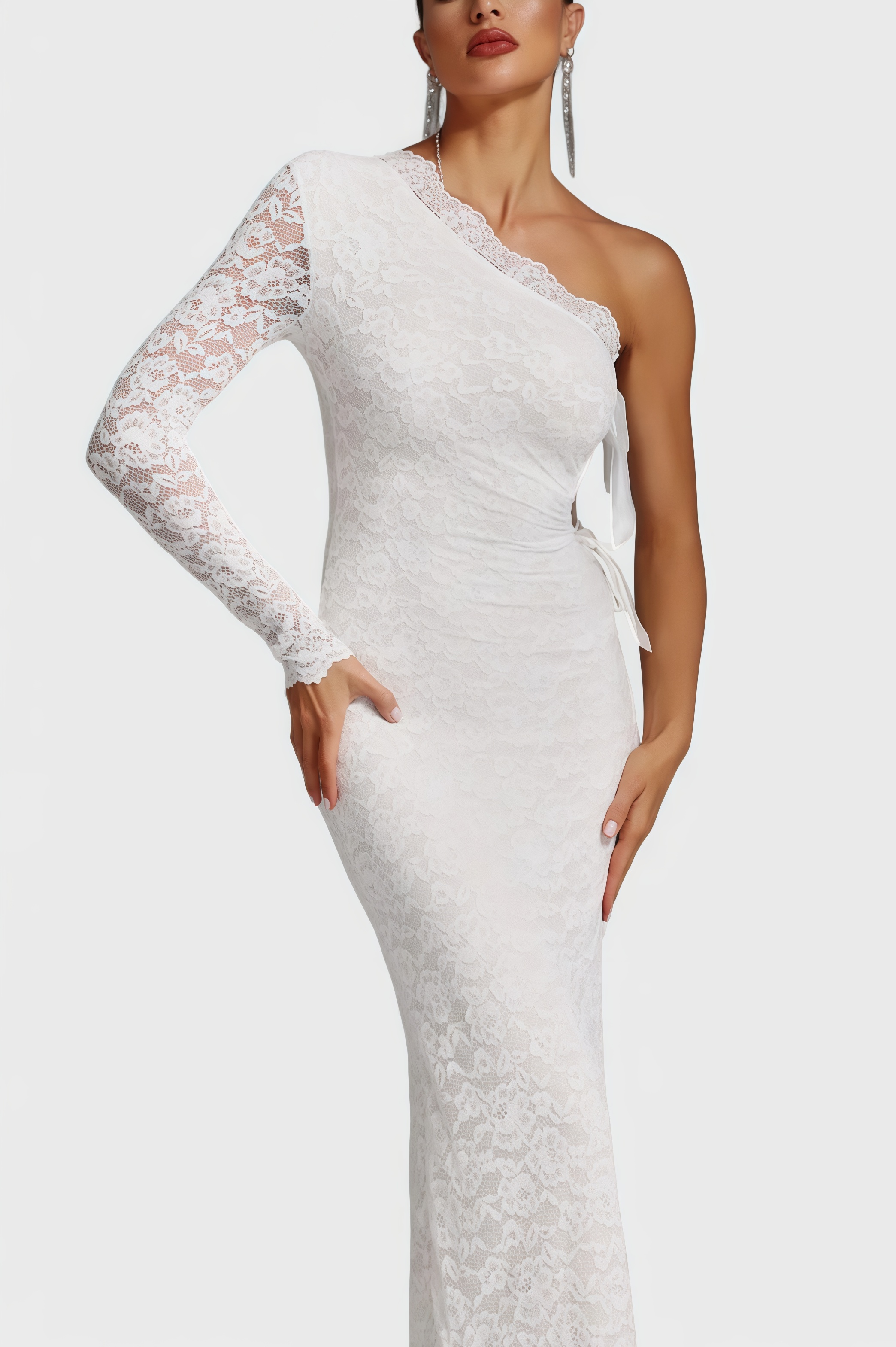 Sylase One Shoulder White Lace Maxi Dress