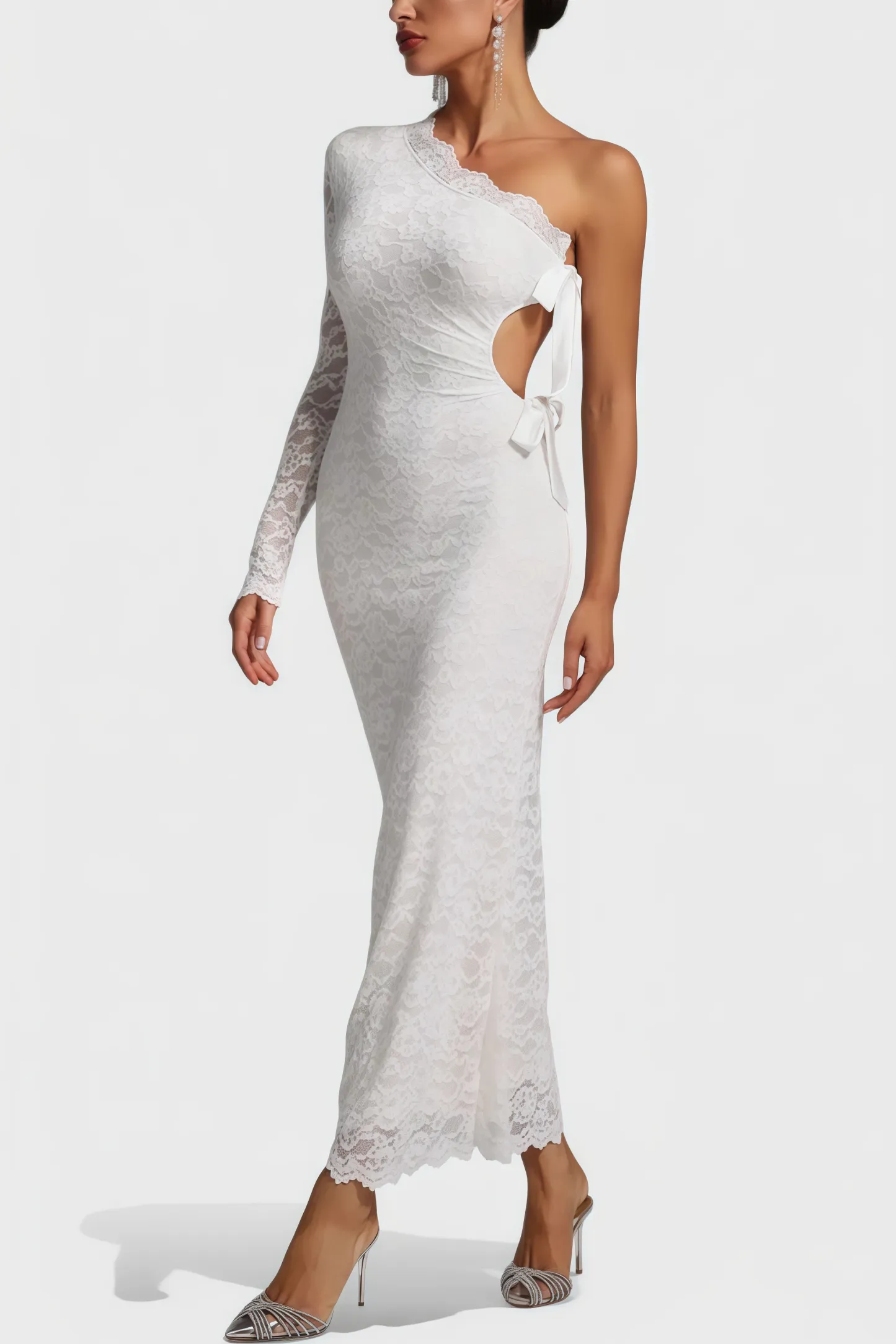 Sylase One Shoulder White Lace Maxi Dress