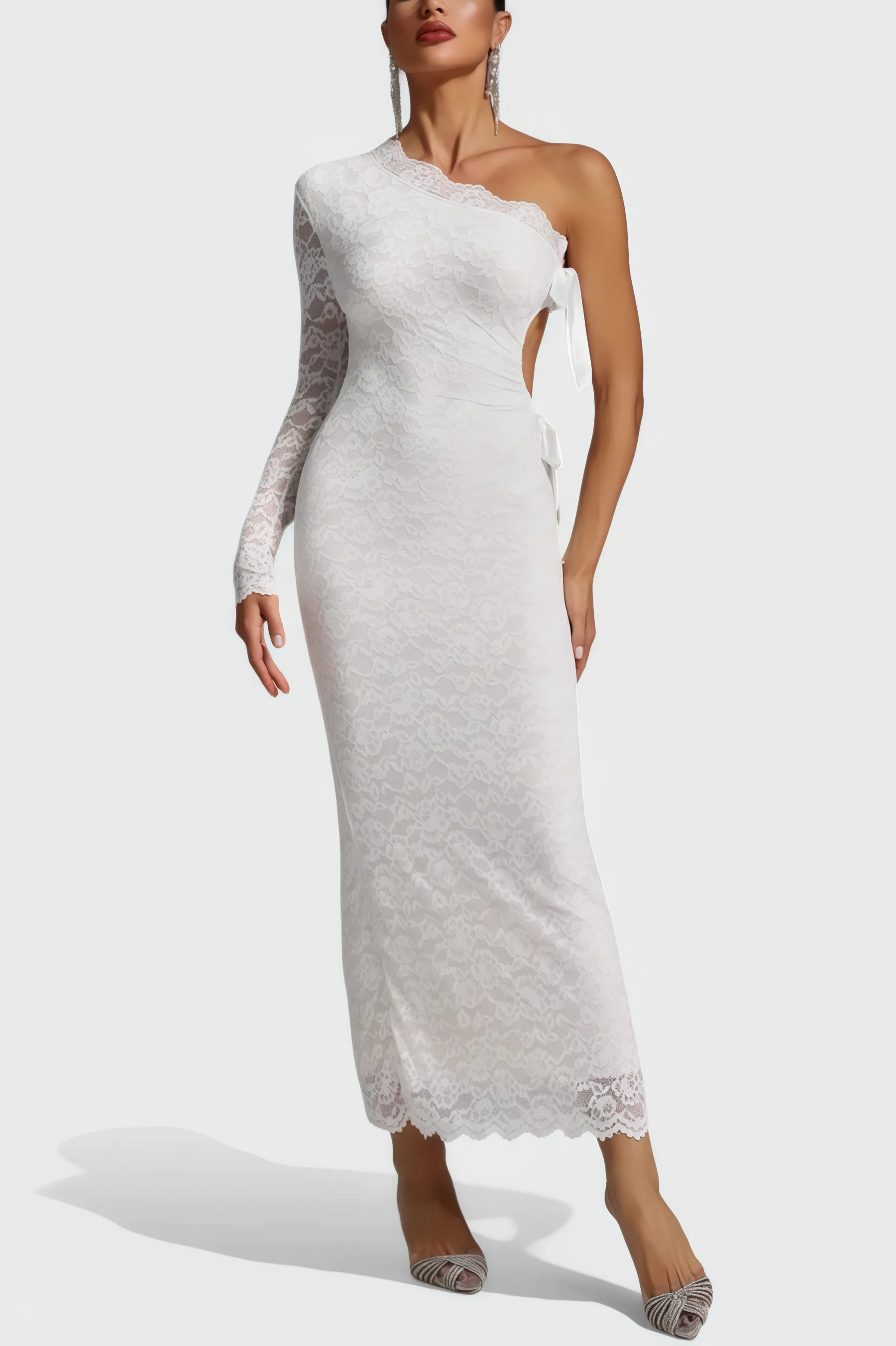 Sylase One Shoulder White Lace Maxi Dress