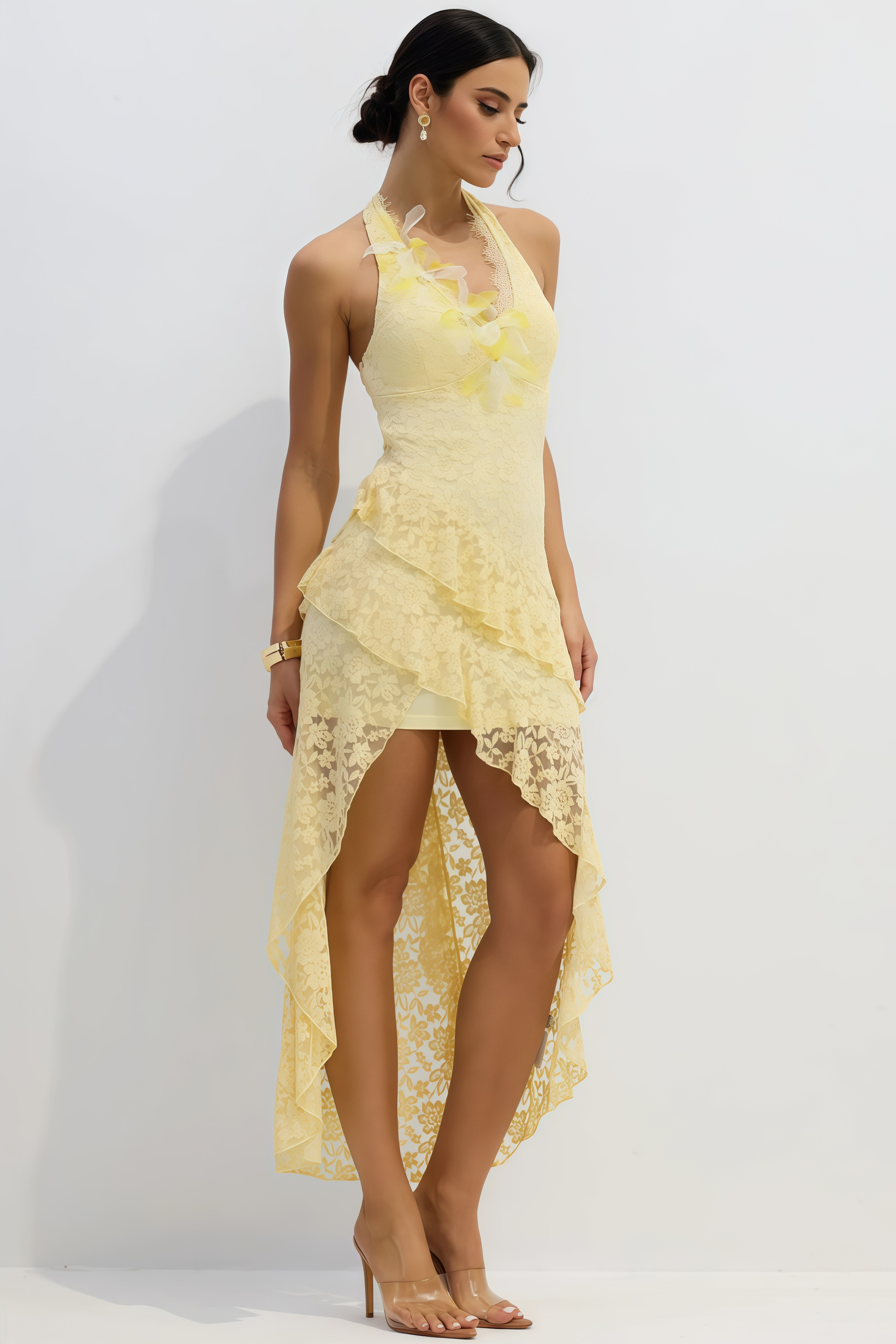 Quillrt Yellow Backless Lace Mesh Midi Dress
