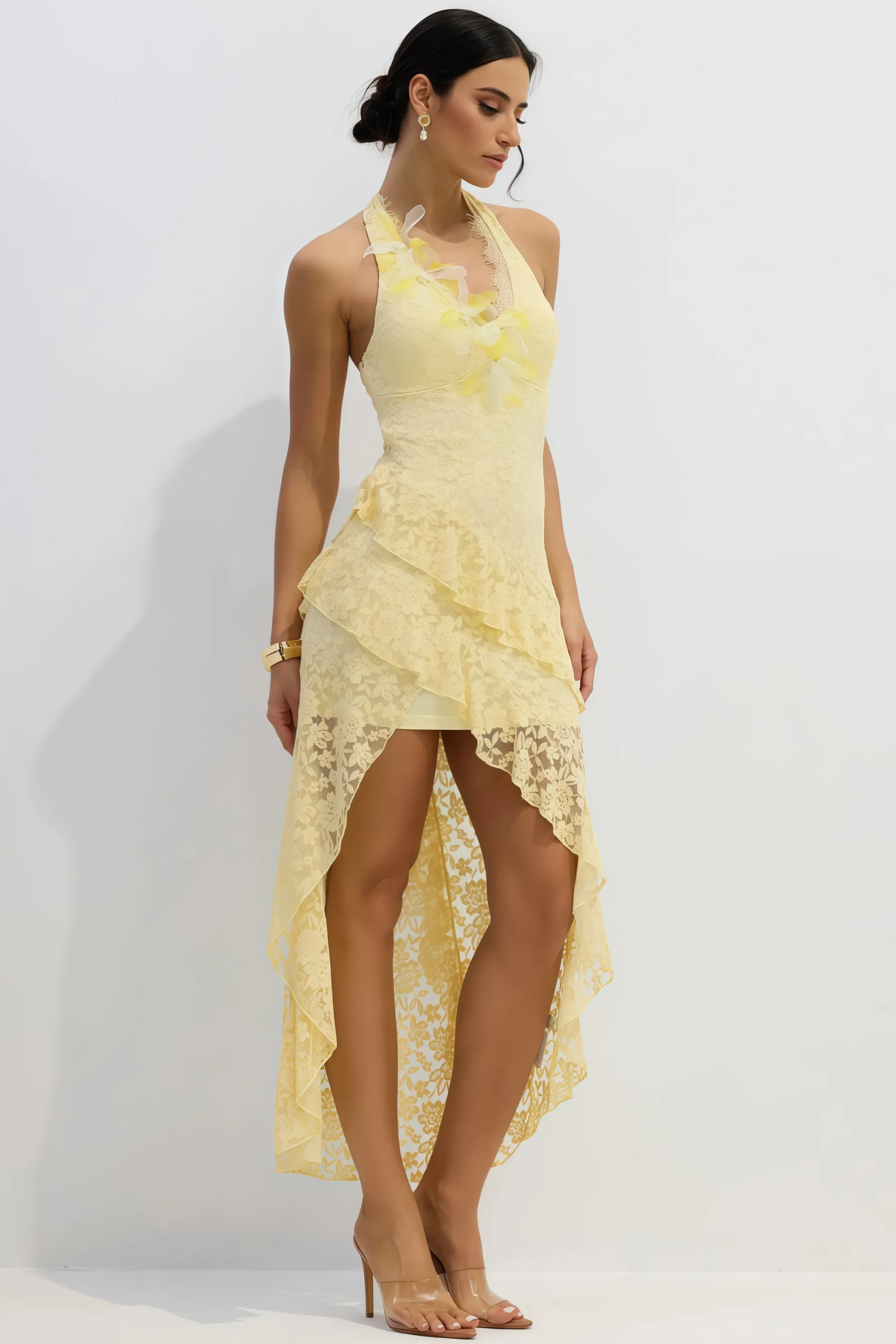 Quillrt Yellow Backless Lace Mesh Midi Dress