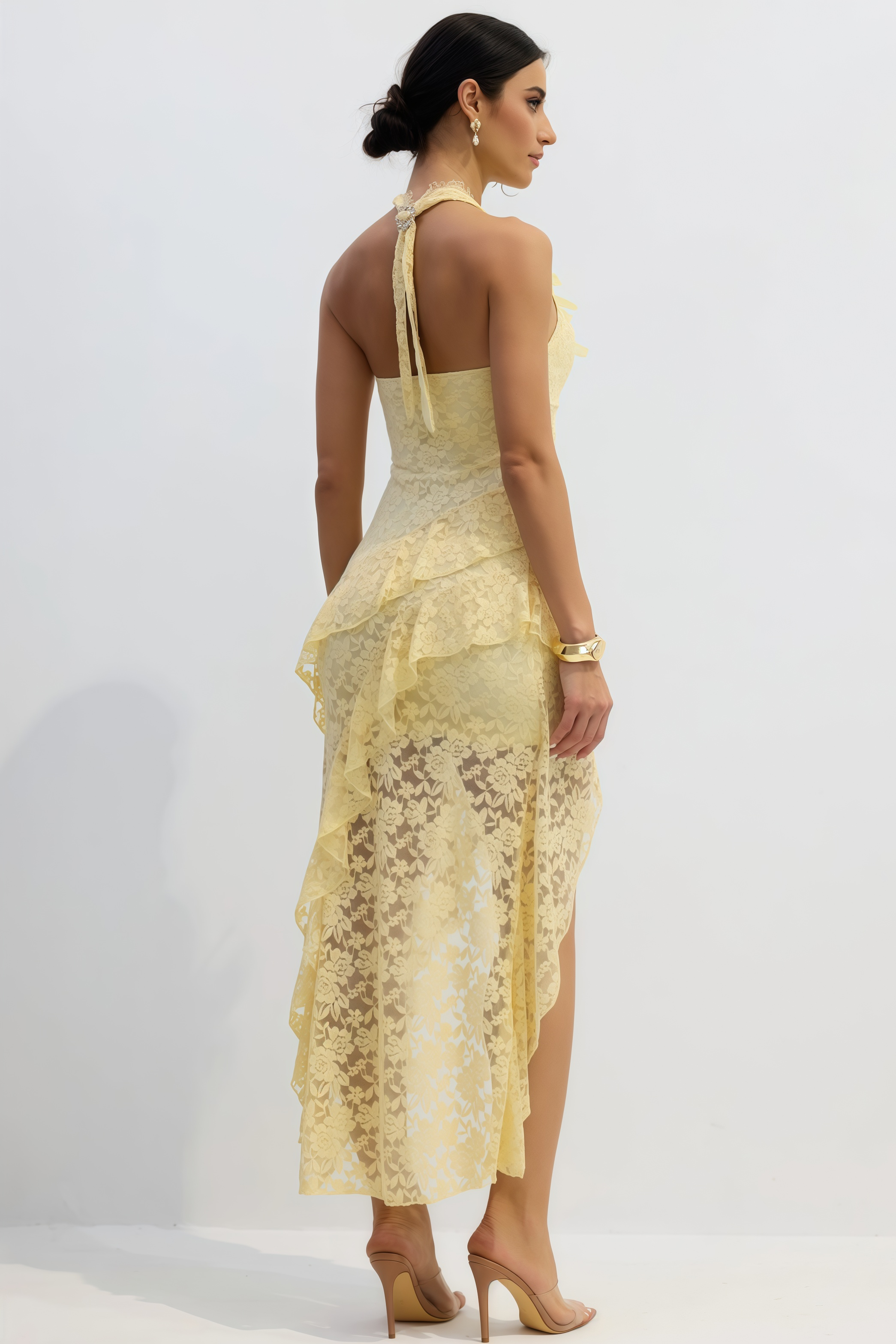 Quillrt Yellow Backless Lace Mesh Midi Dress