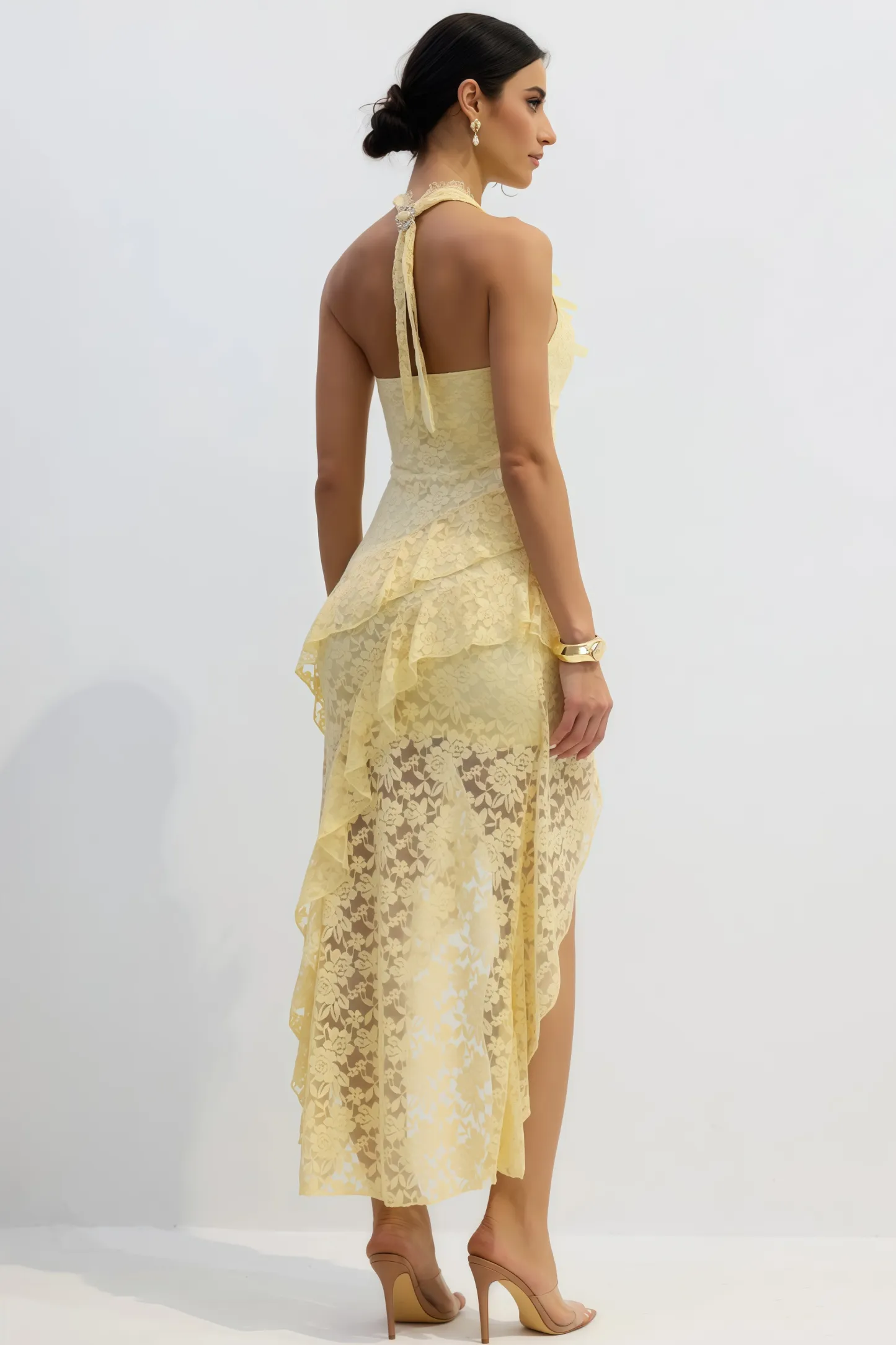Quillrt Yellow Backless Lace Mesh Midi Dress