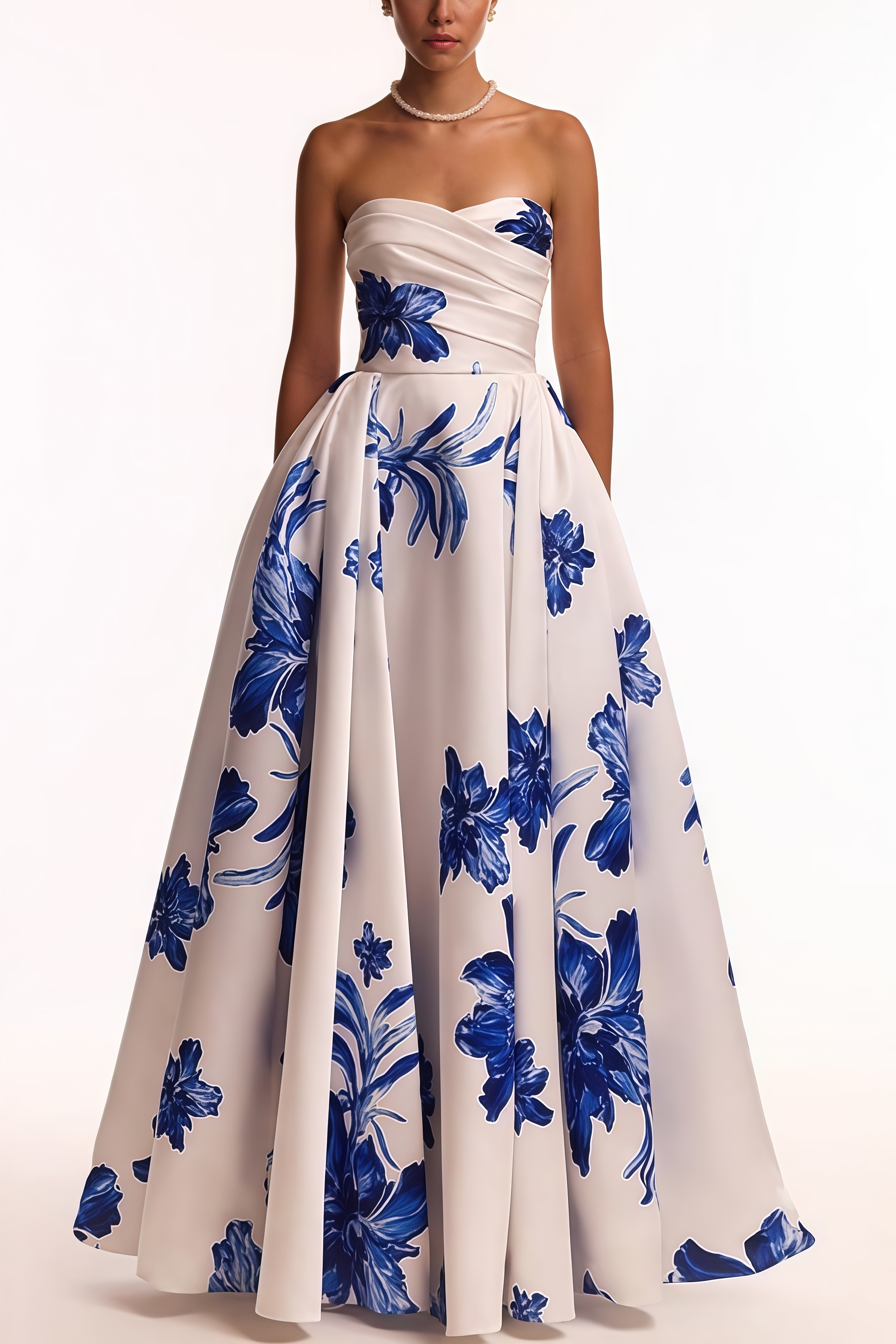 Eliads Blue Flowers White A-line Maxi Dress