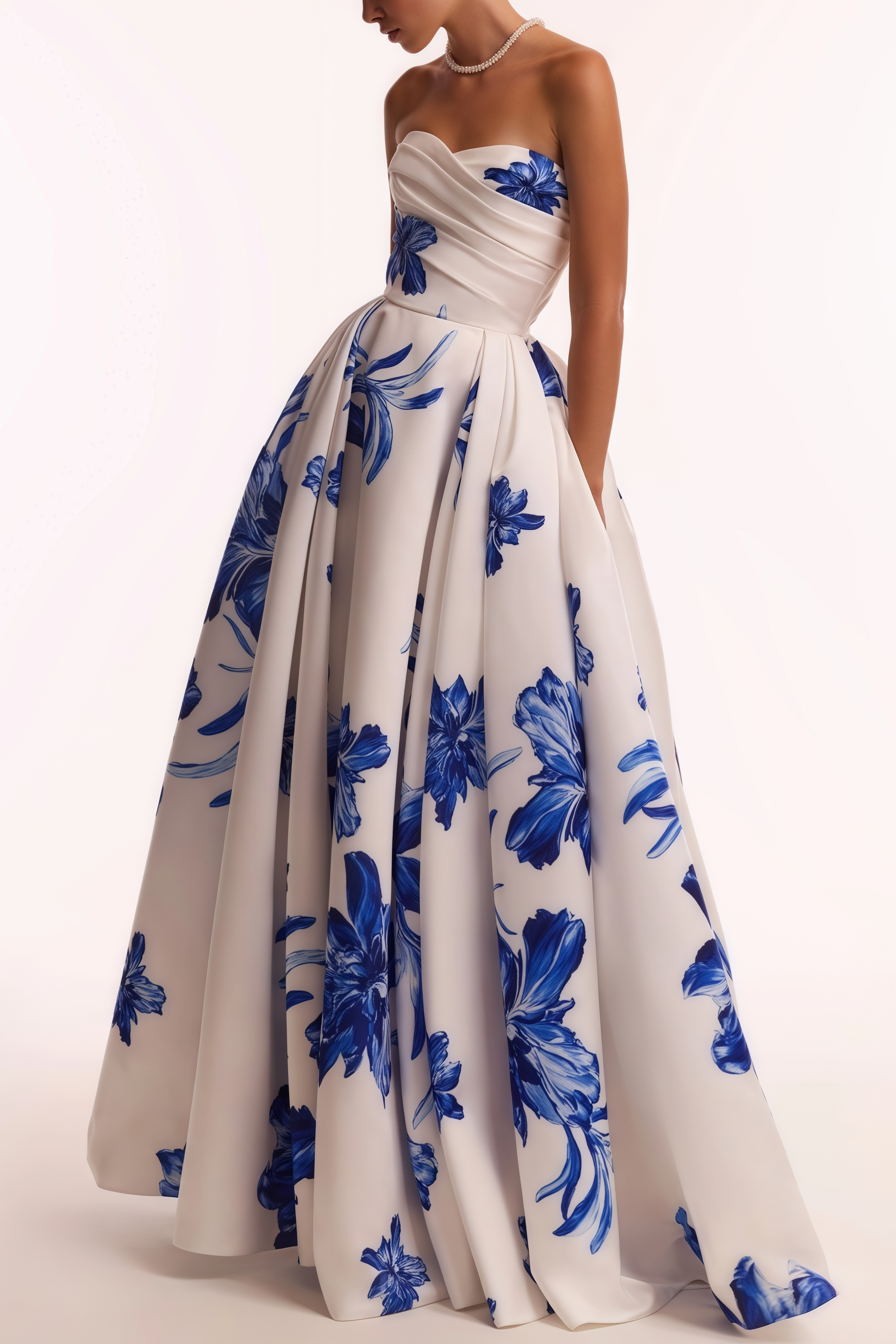 Eliads Blue Flowers White A-line Maxi Dress