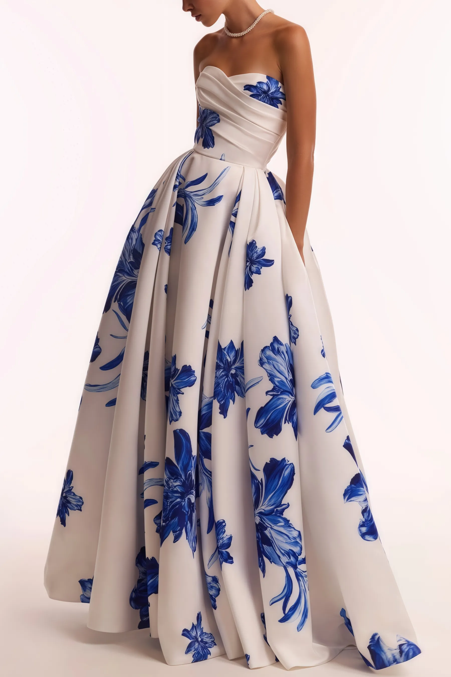 Eliads Blue Flowers White A-line Maxi Dress