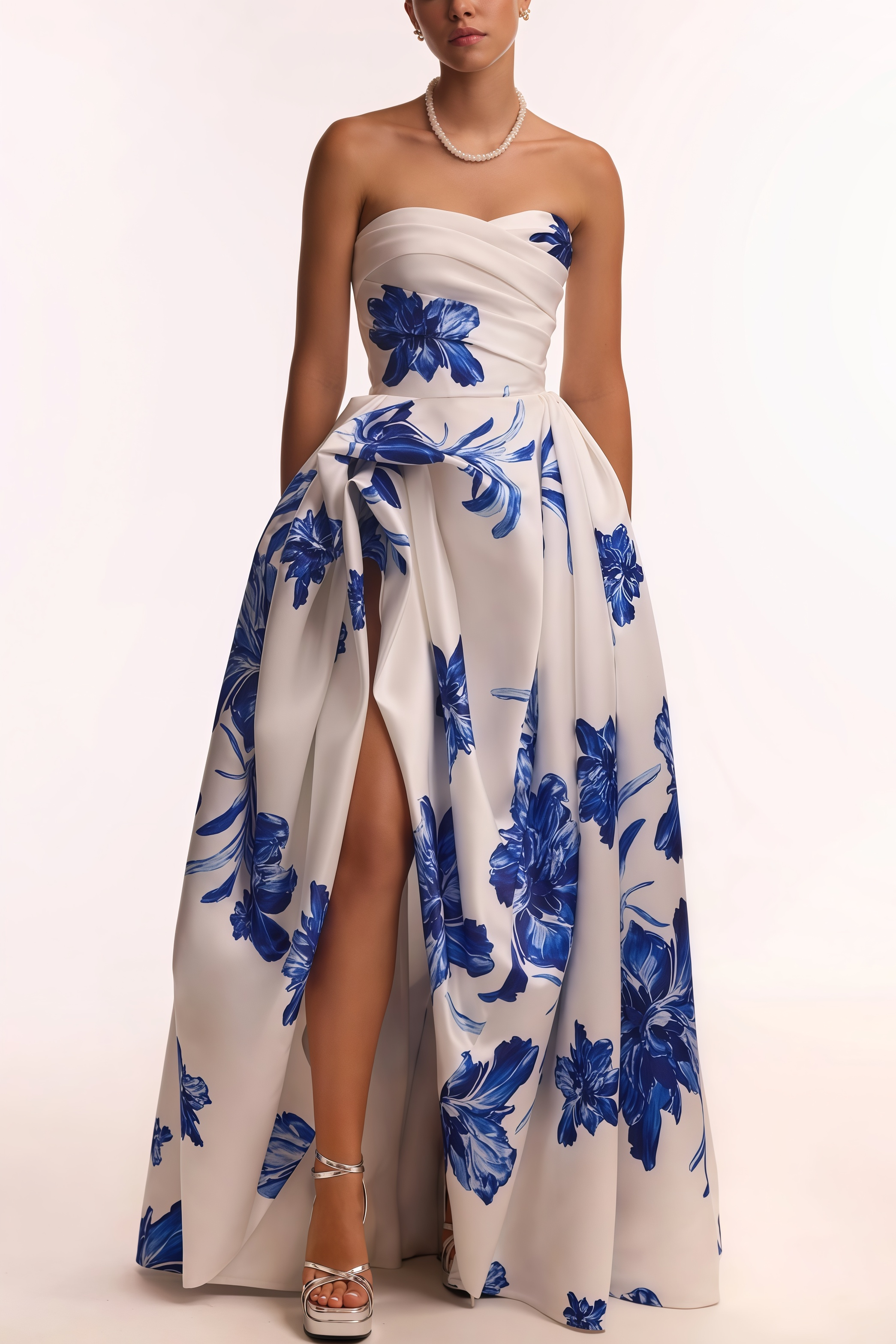 Eliads Blue Flowers White A-line Maxi Dress