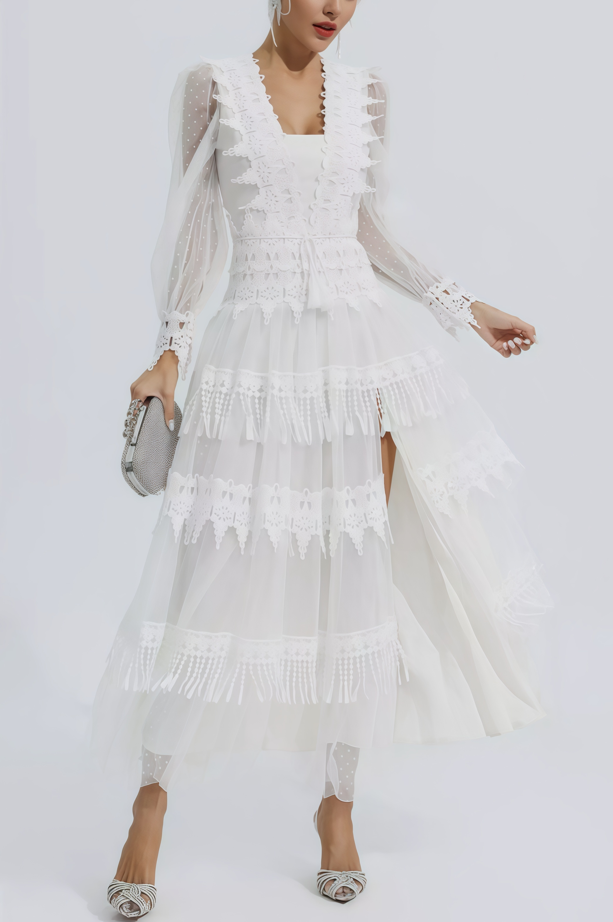 Torind White Lace Mesh Maxi Dress
