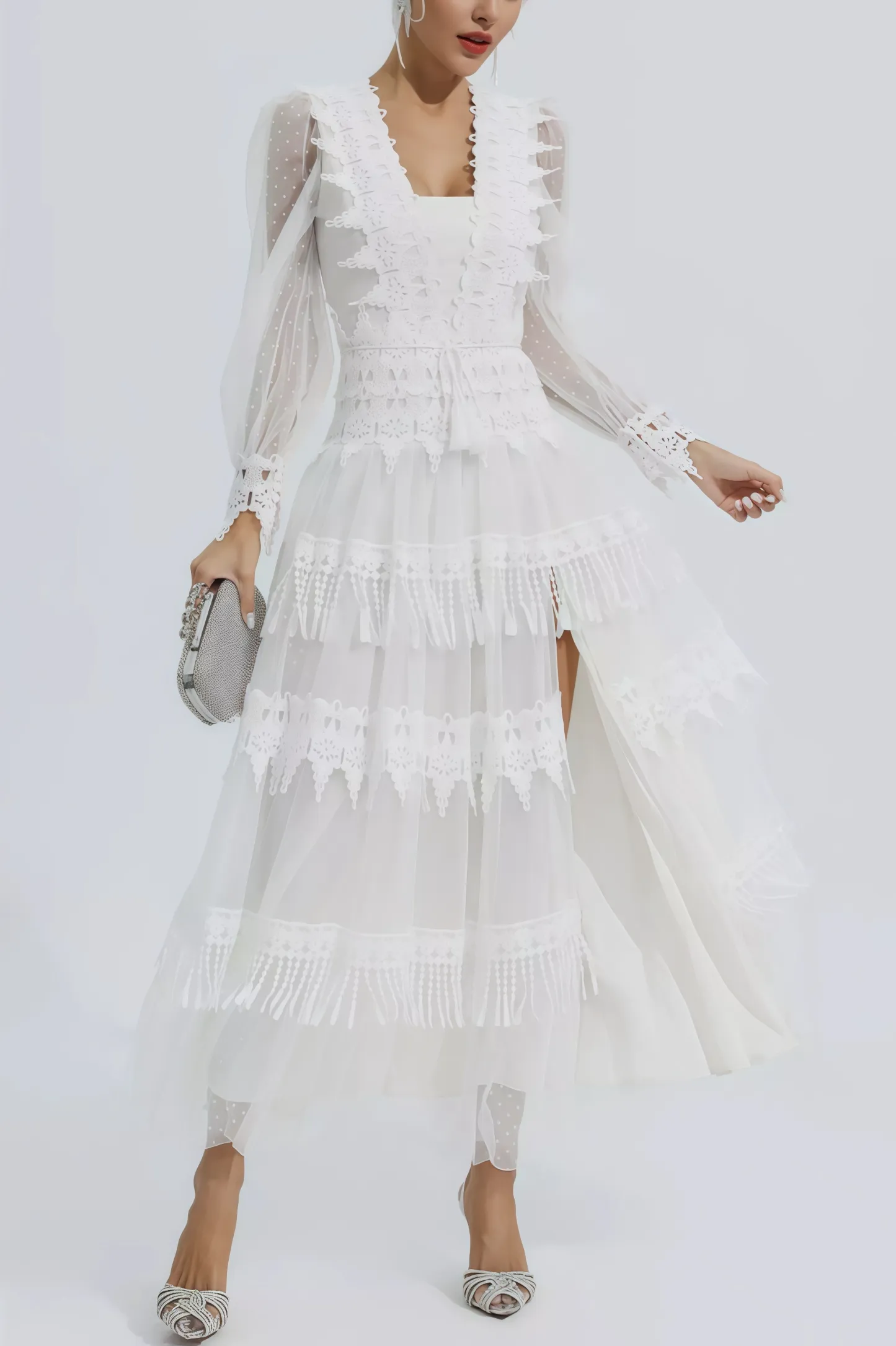 Torind White Lace Mesh Maxi Dress