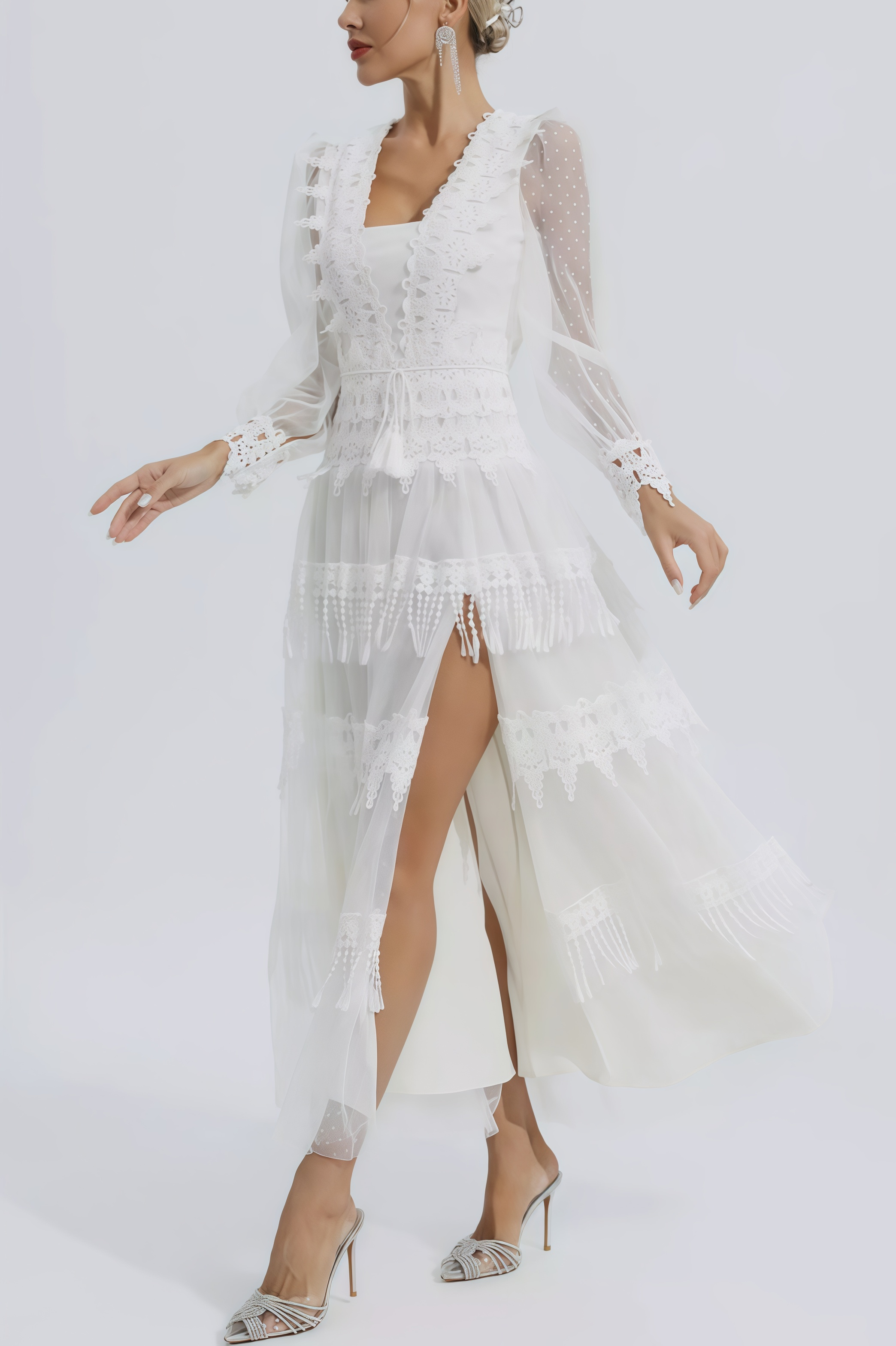 Torind White Lace Mesh Maxi Dress