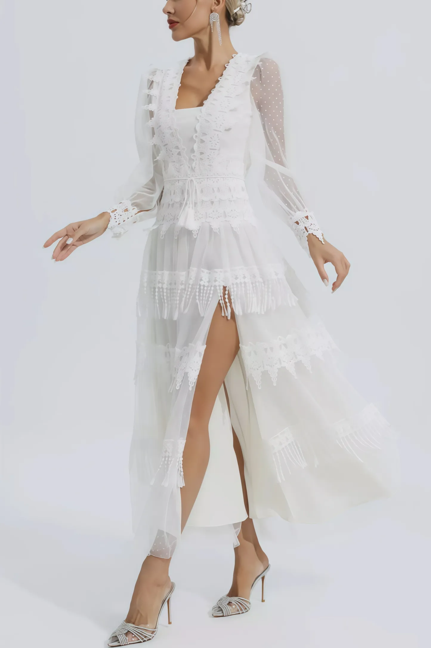Torind White Lace Mesh Maxi Dress