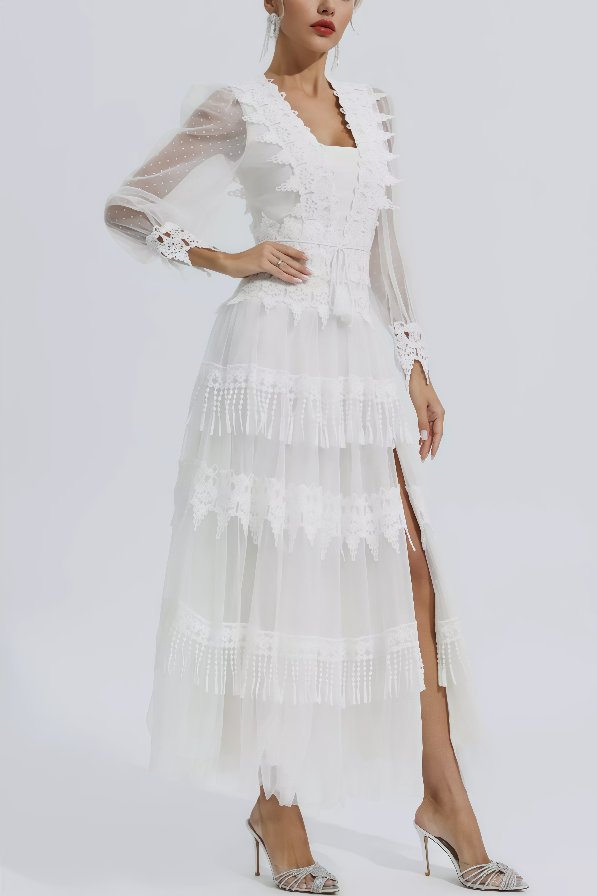 Torind White Lace Mesh Maxi Dress