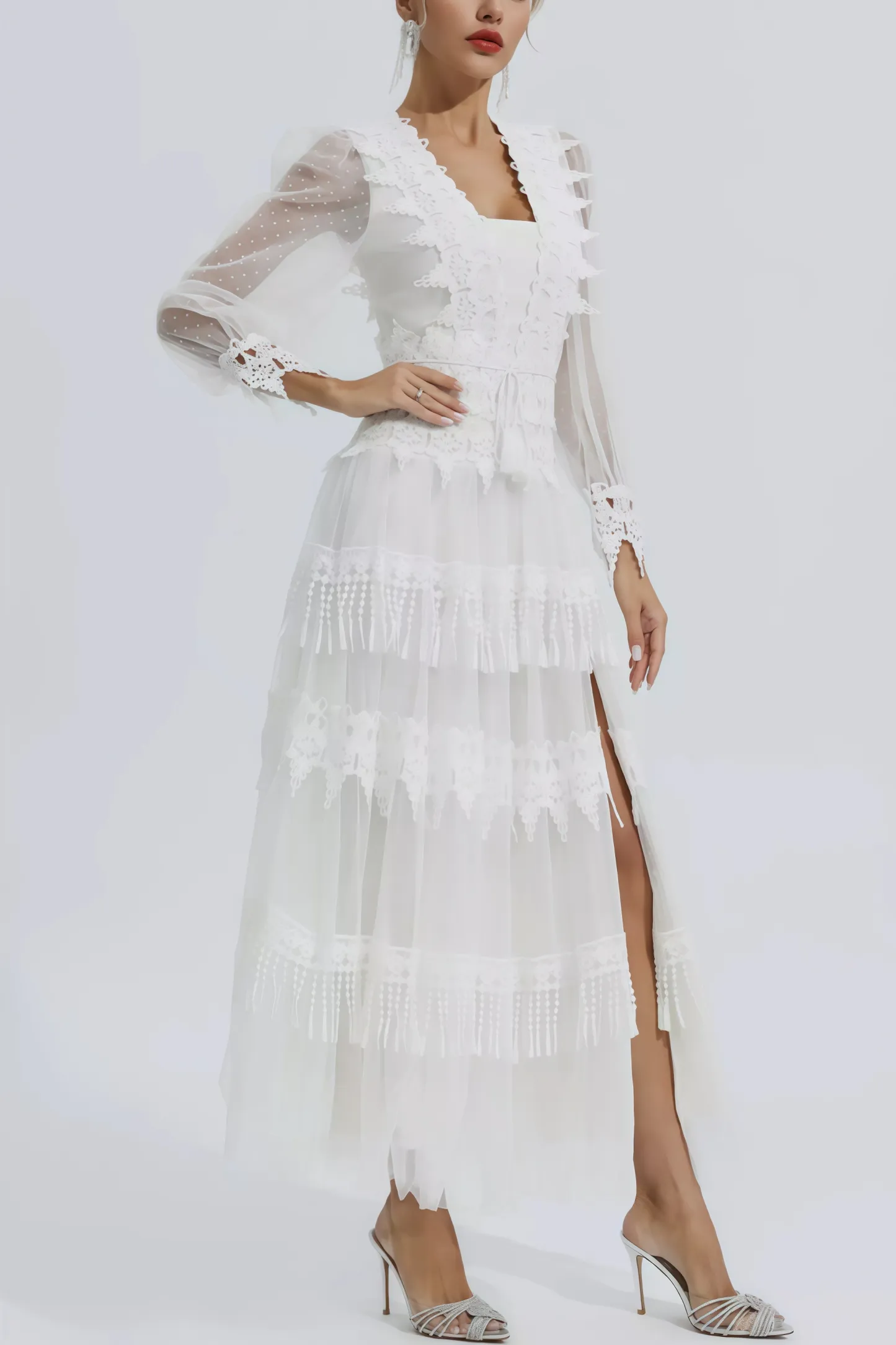 Torind White Lace Mesh Maxi Dress