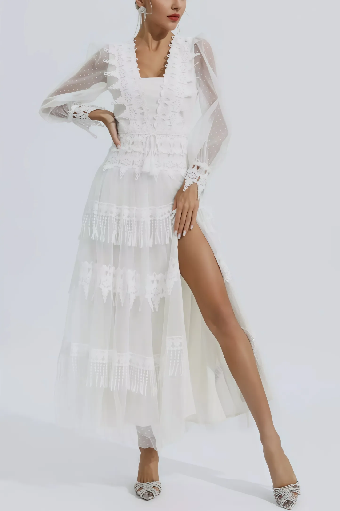 Torind White Lace Mesh Maxi Dress