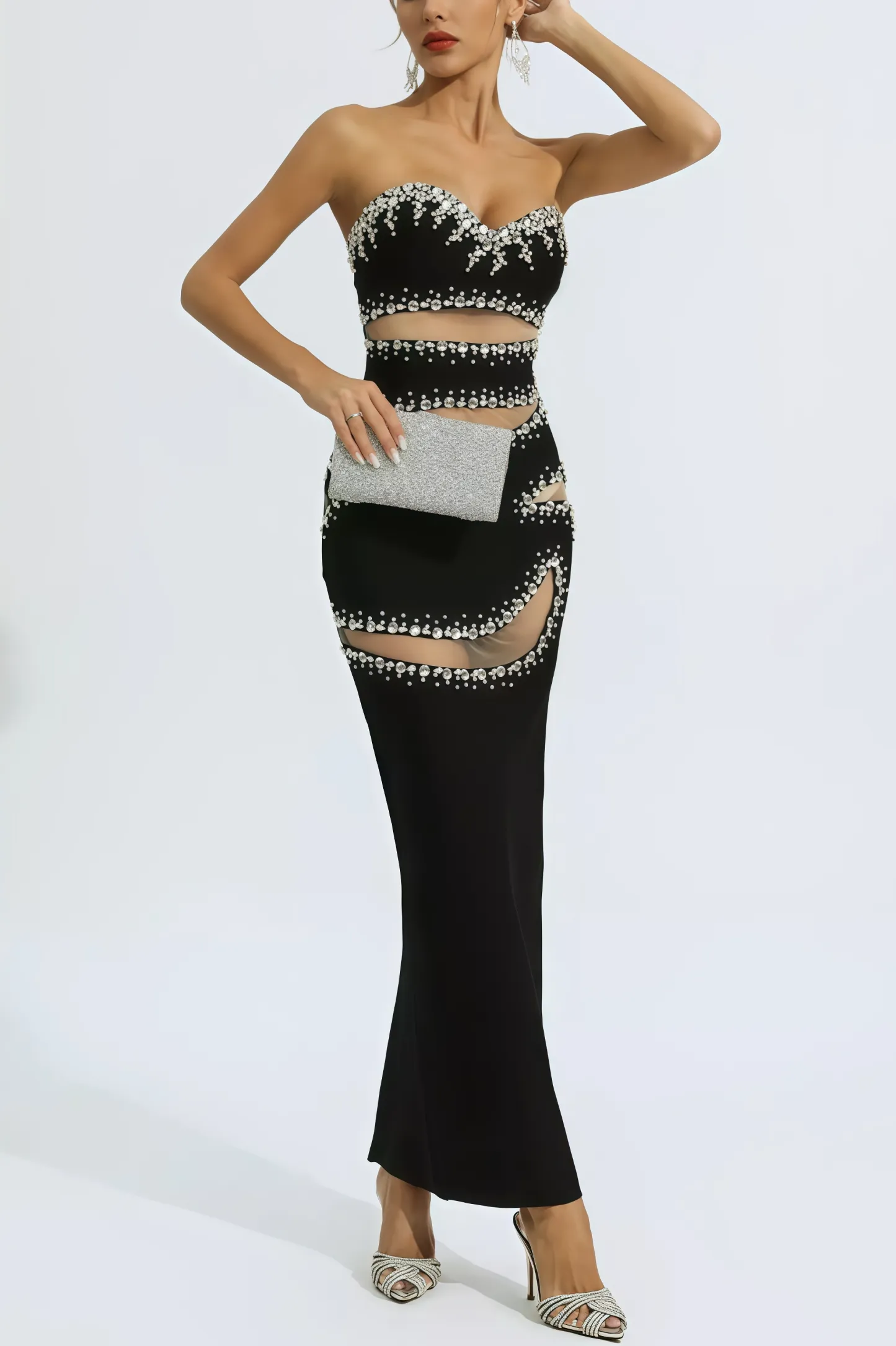 Elioed Black Beading Mesh Bandage Maxi Dress
