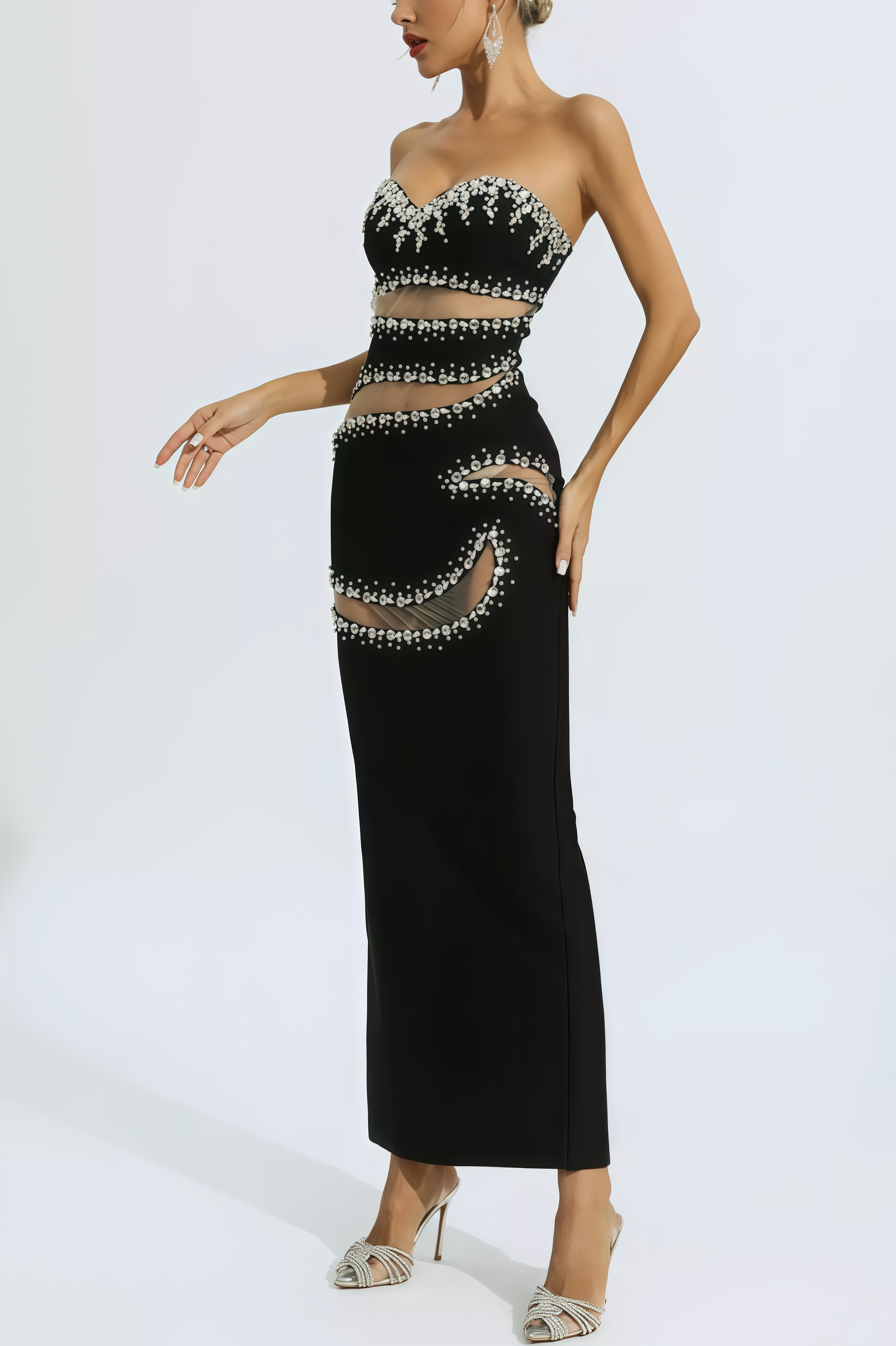 Elioed Black Beading Mesh Bandage Maxi Dress