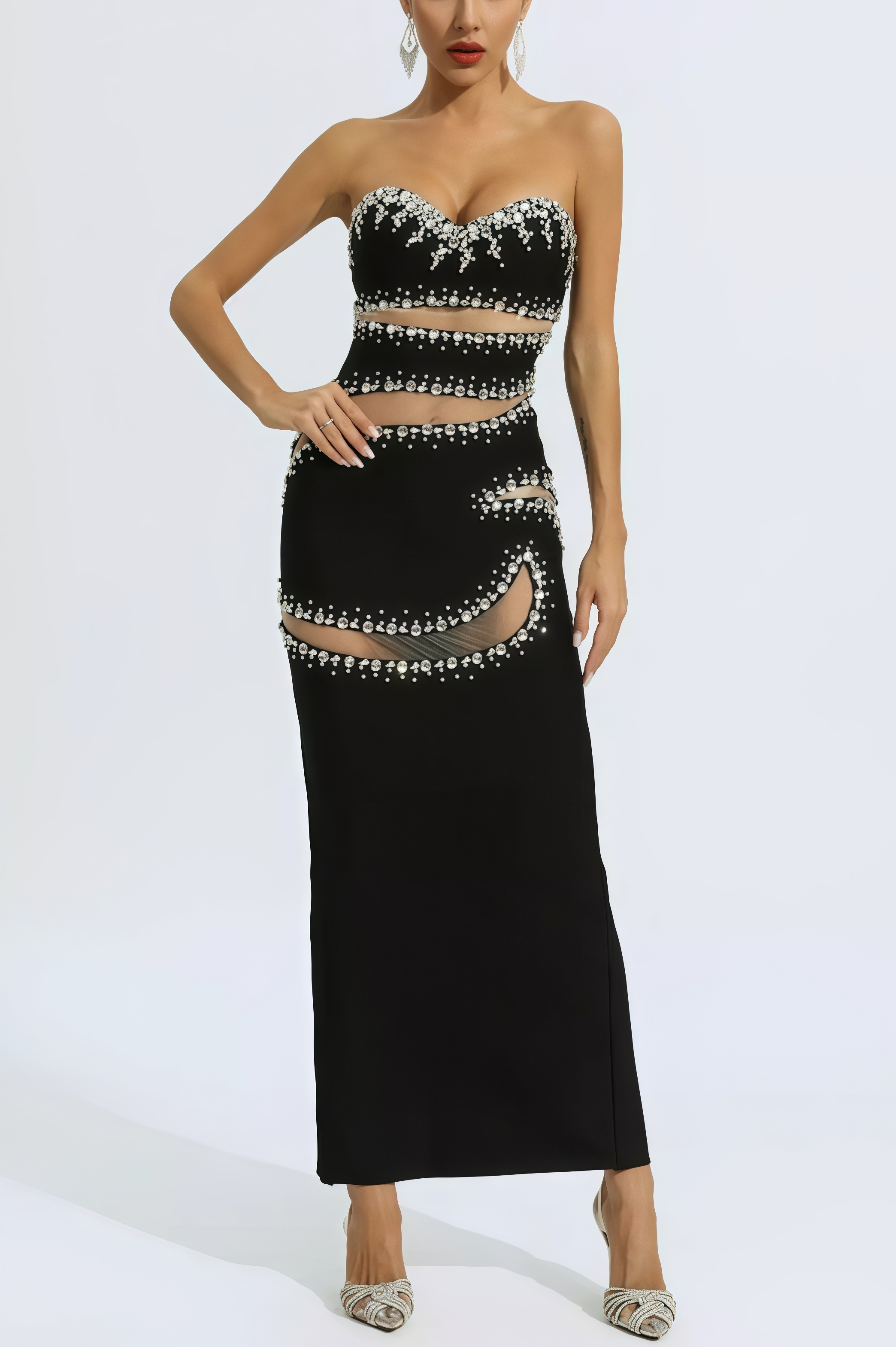 Elioed Black Beading Mesh Bandage Maxi Dress