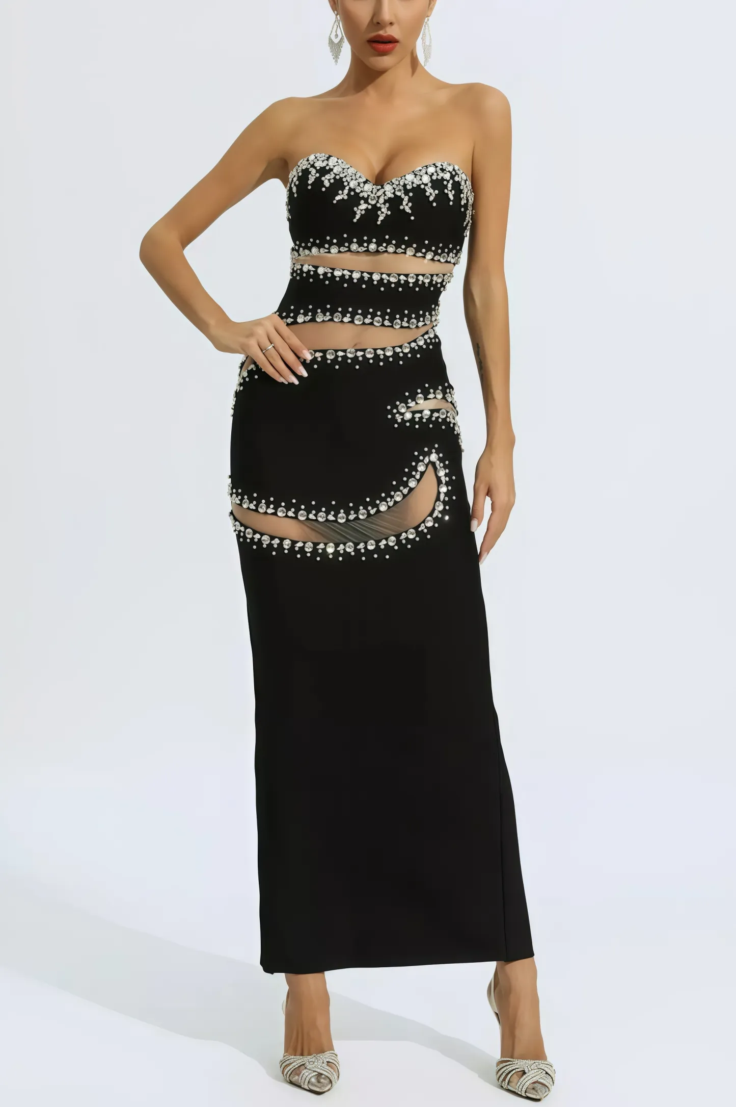 Elioed Black Beading Mesh Bandage Maxi Dress