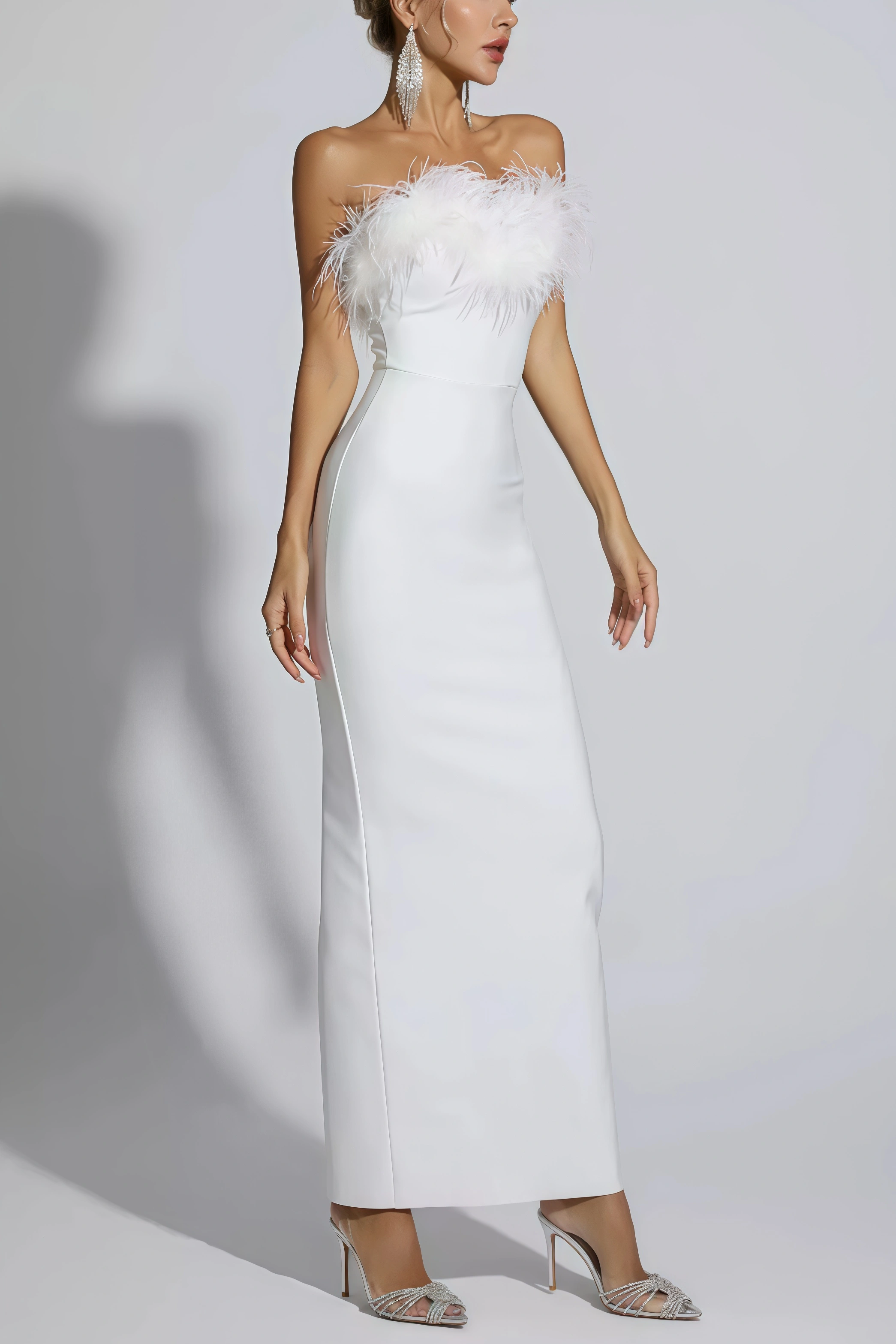 Viane White Feather Tassel Maxi Dress