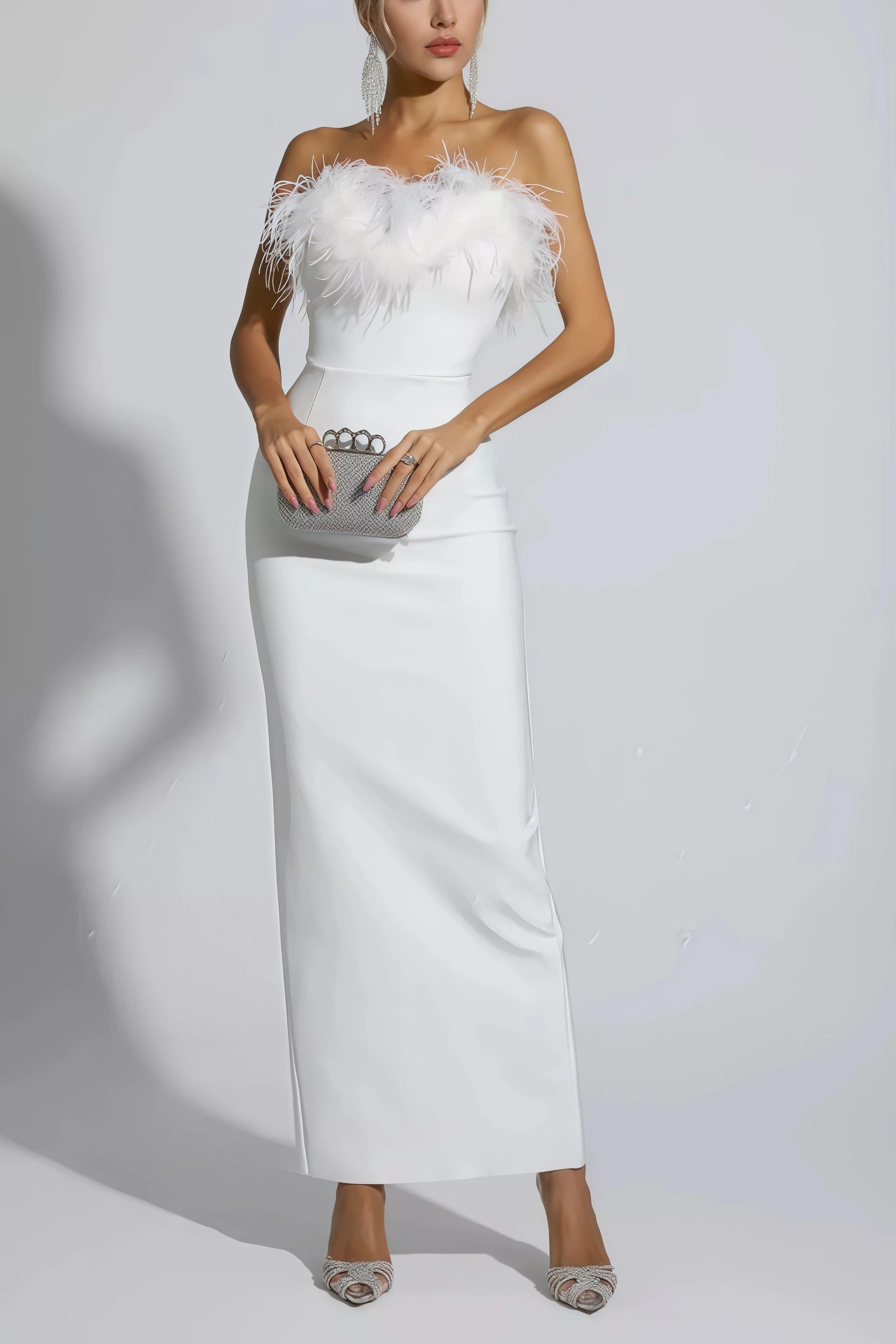 Viane White Feather Tassel Maxi Dress
