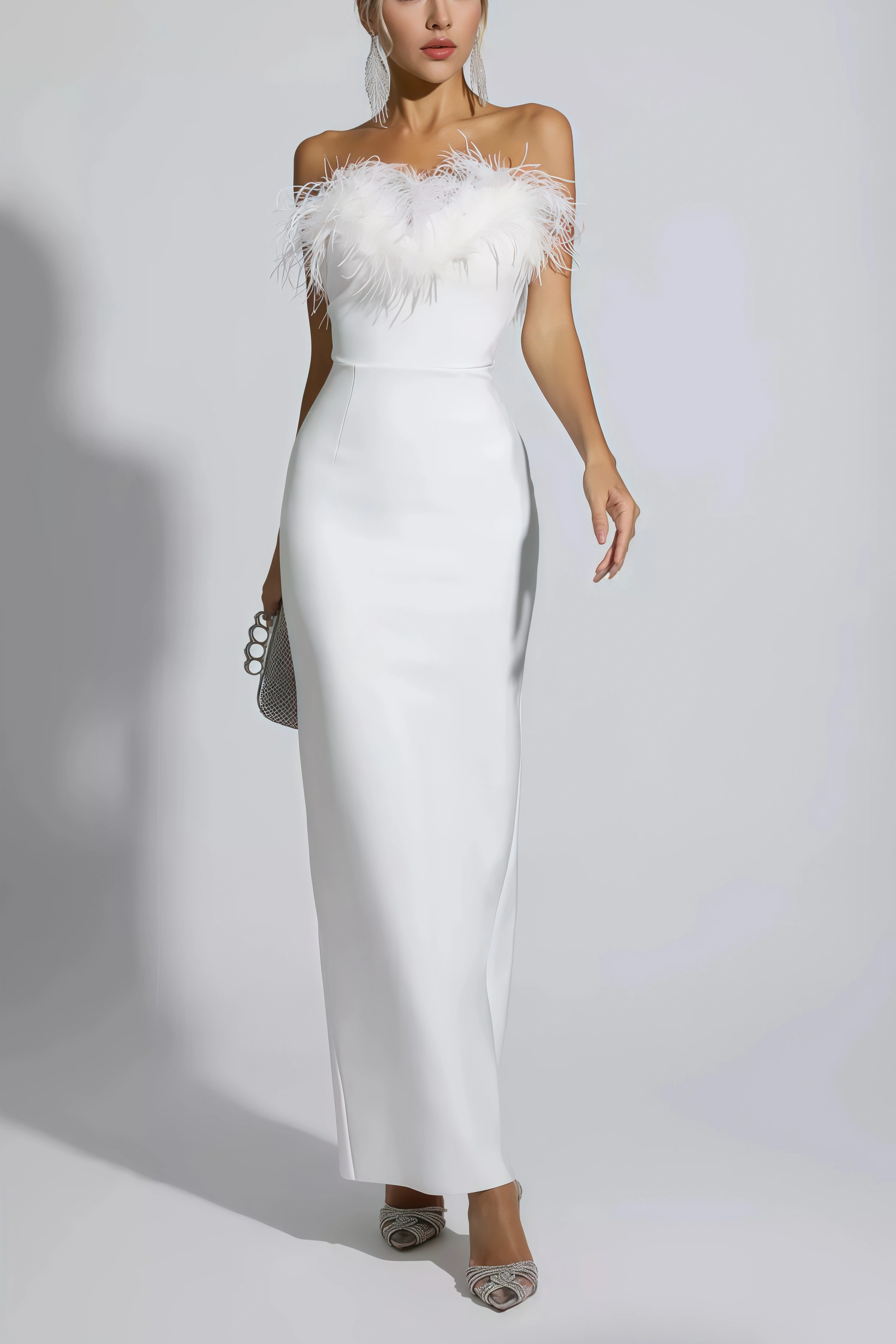 Viane White Feather Tassel Maxi Dress