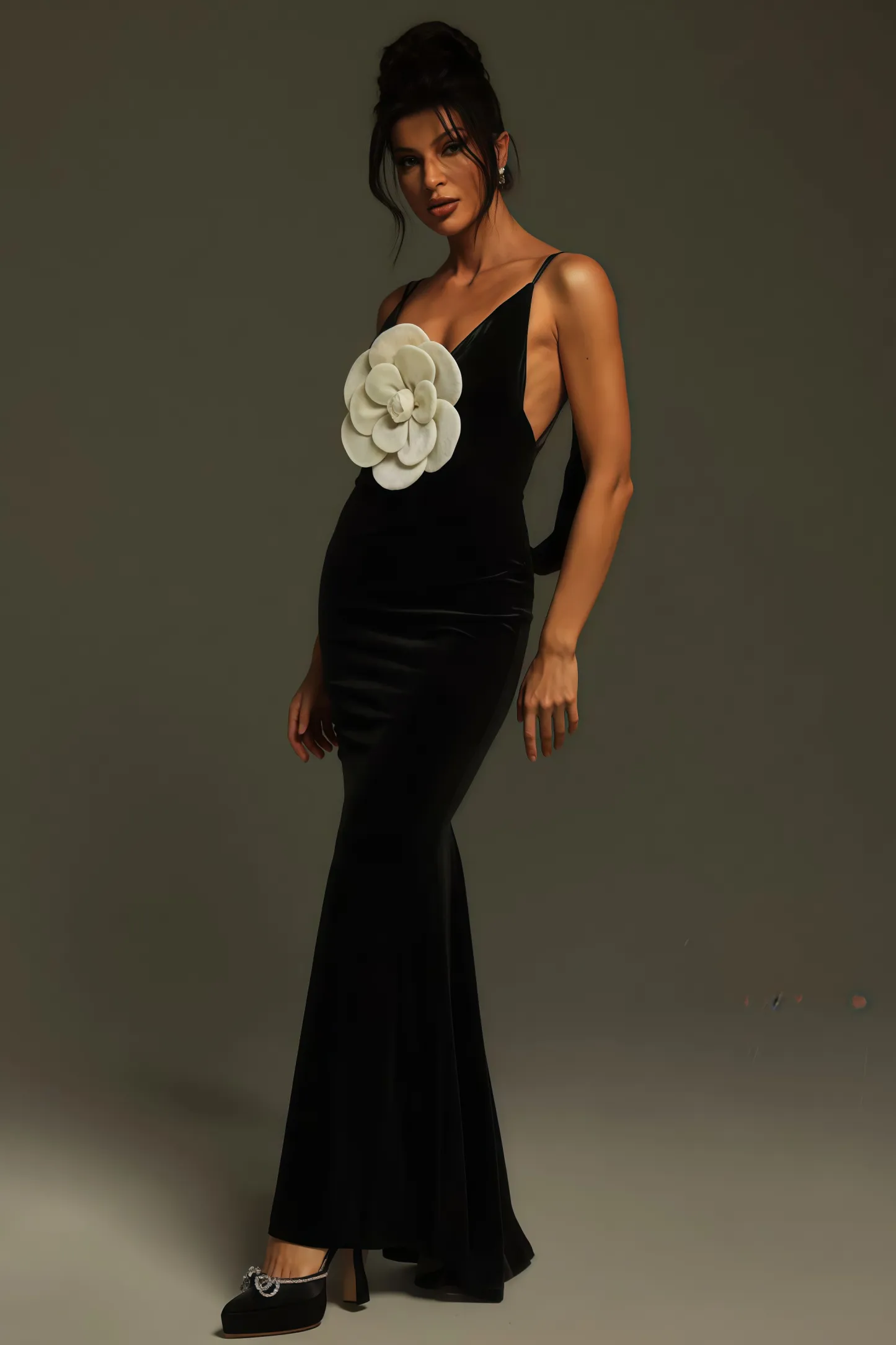 Soren Plunge Neck Flower Velvet Maxi Dress