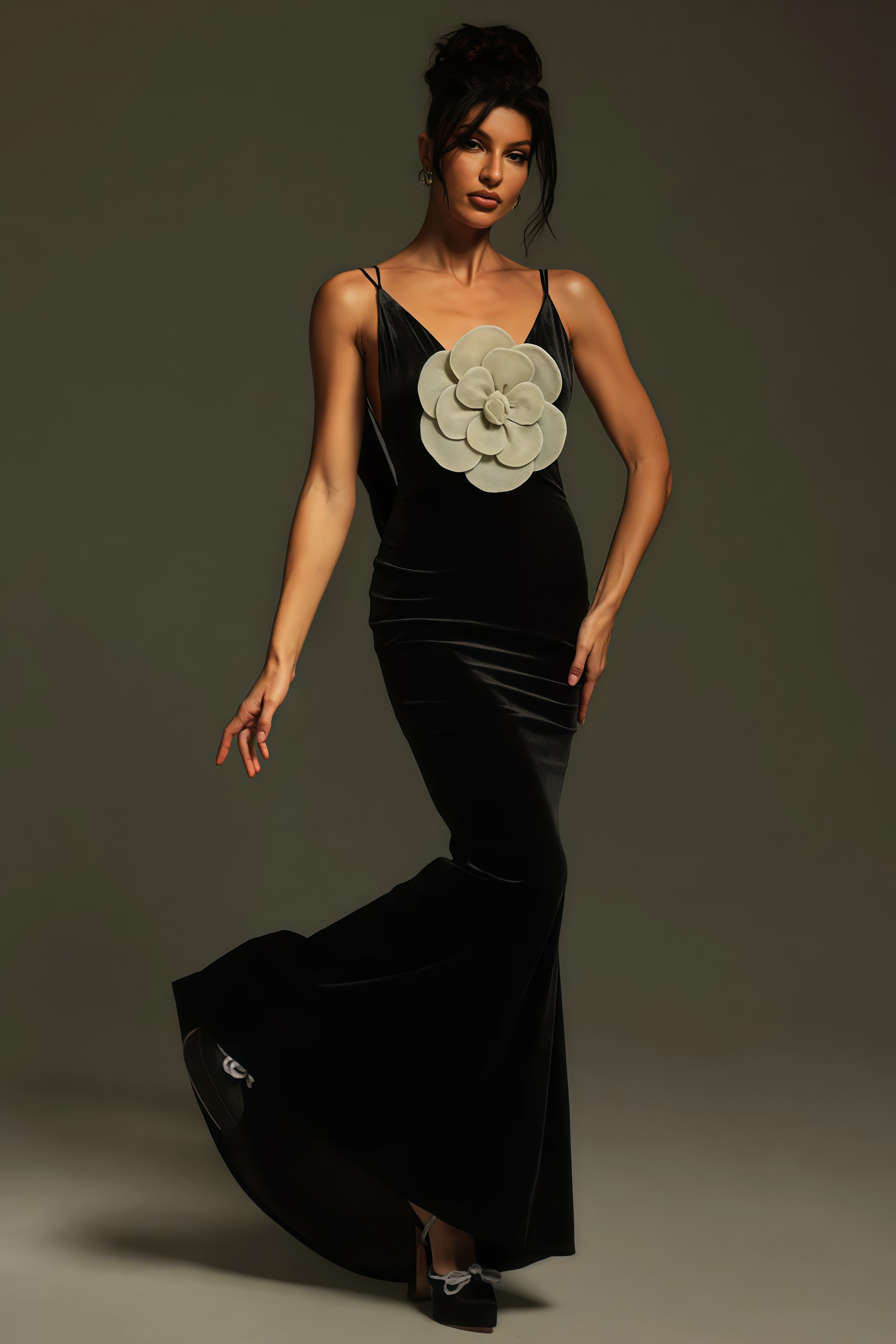 Soren Plunge Neck Flower Velvet Maxi Dress