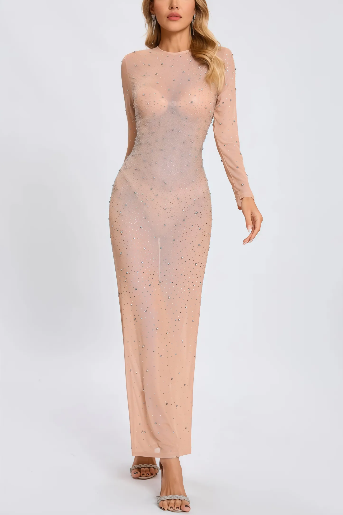 Luead Crystal Embellished Mesh Maxi Dress