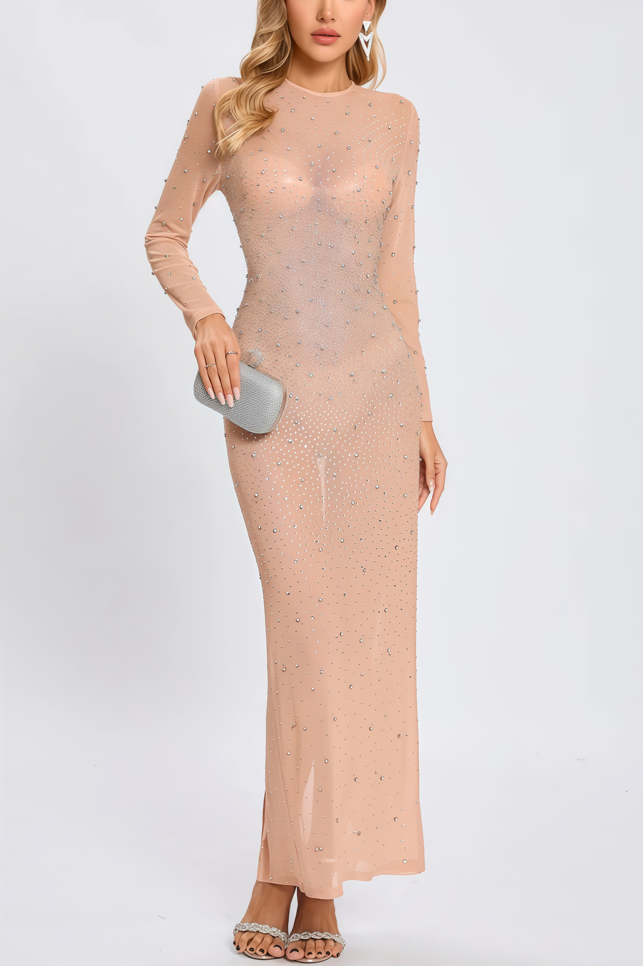 Luead Crystal Embellished Mesh Maxi Dress