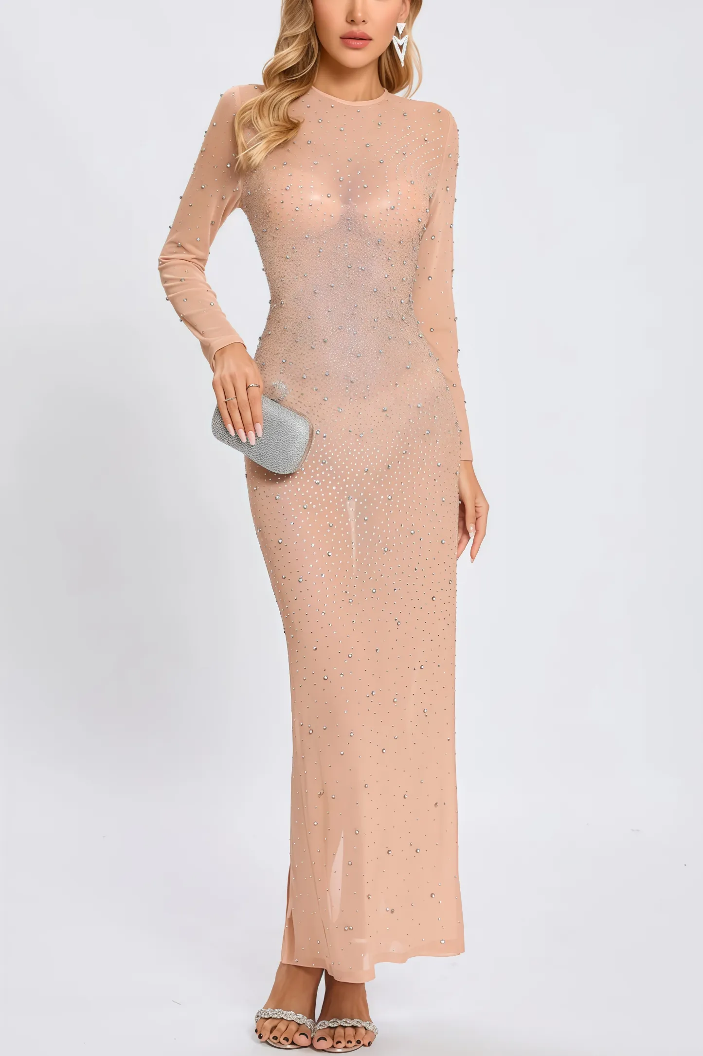 Luead Crystal Embellished Mesh Maxi Dress
