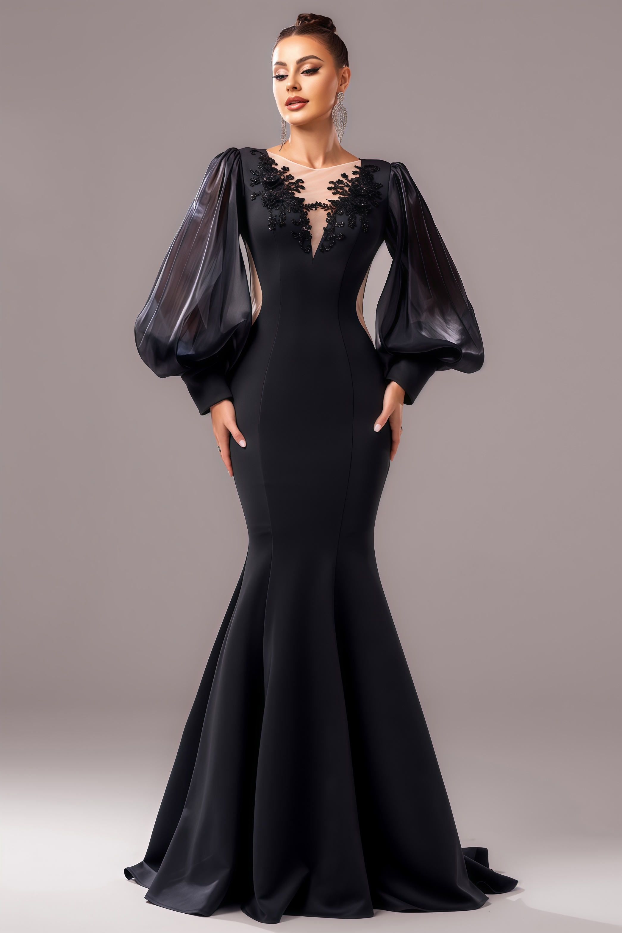Lia Long Sleeve Applique Fishtail Maxi Dress